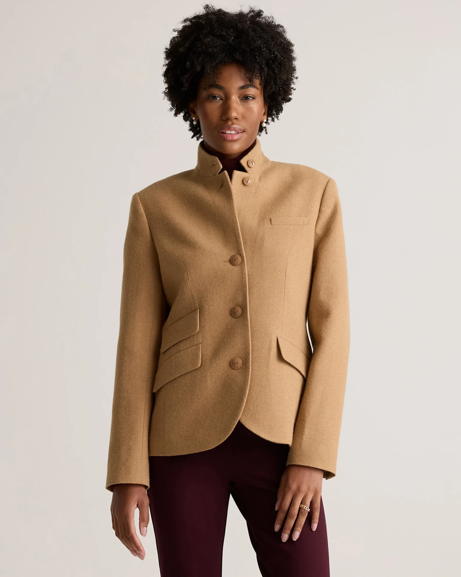 Italian Wool Stand Collar Blazer (Warm Camel)