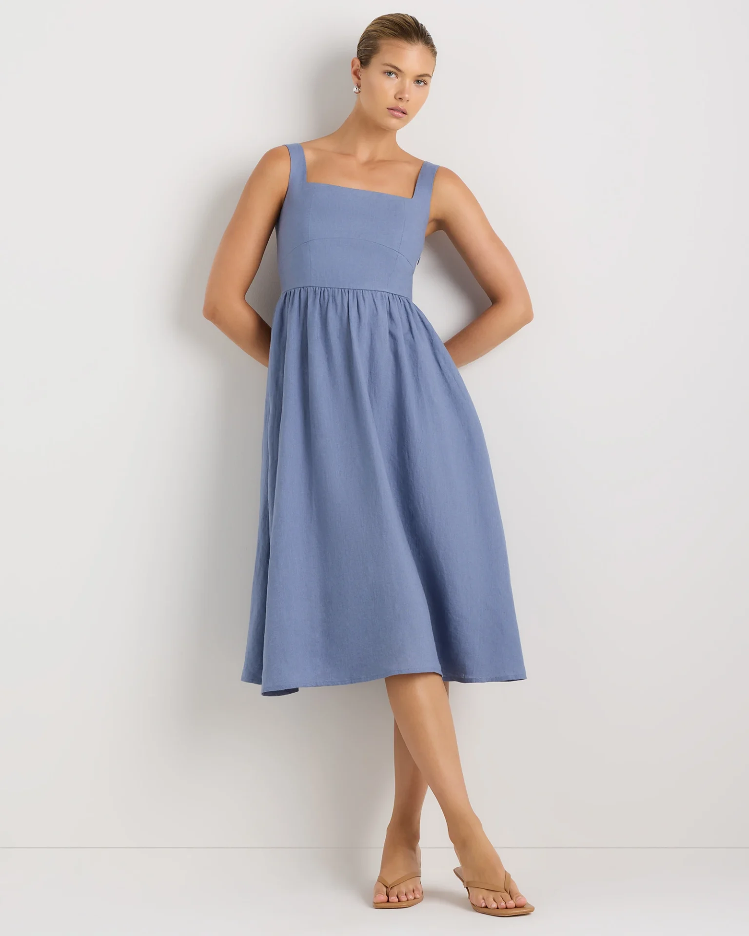 100% European Linen Fit & Flare Midi Dress (Moonstone Blue)