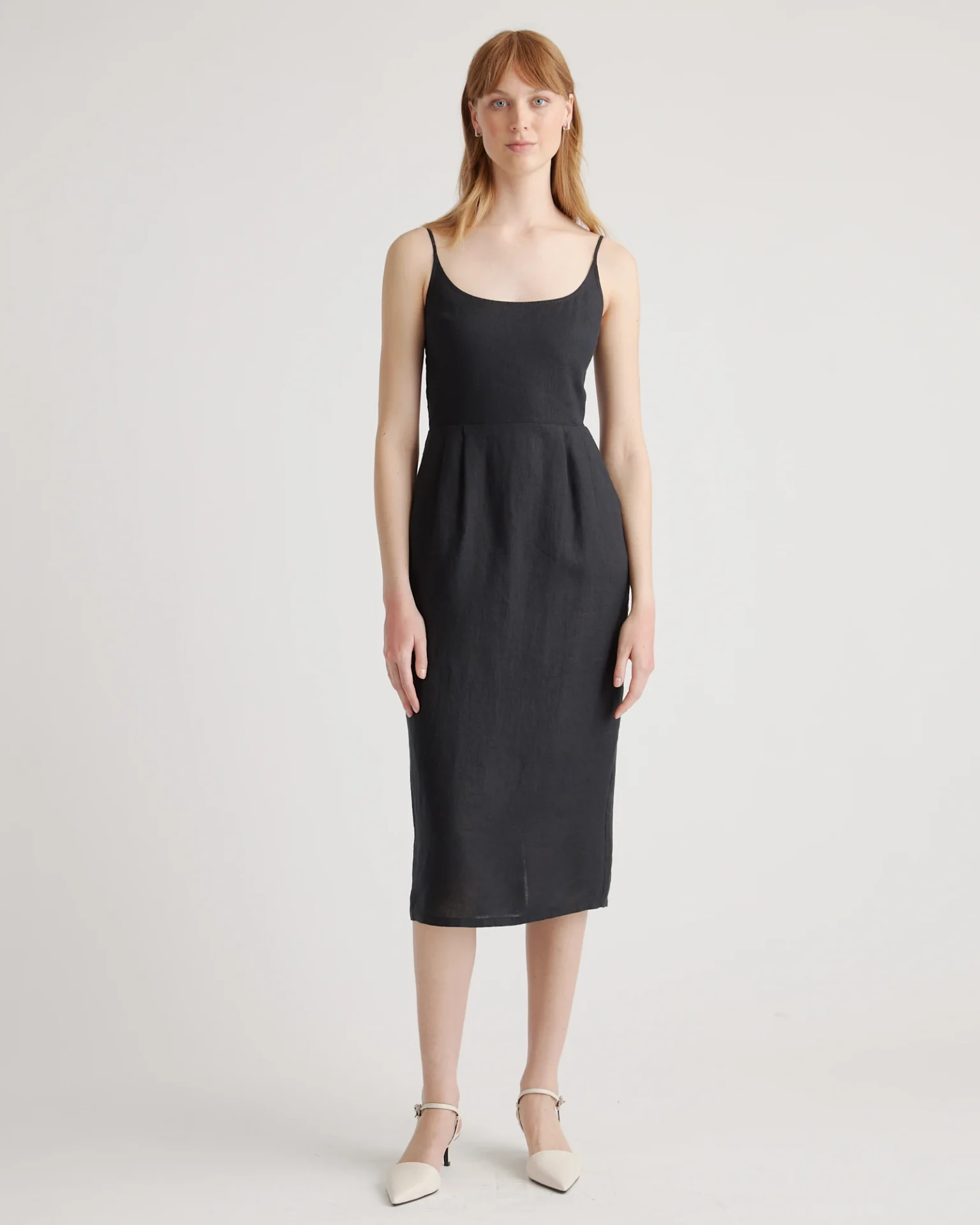 100% European Linen Scoop Neck Midi Dress (Black)