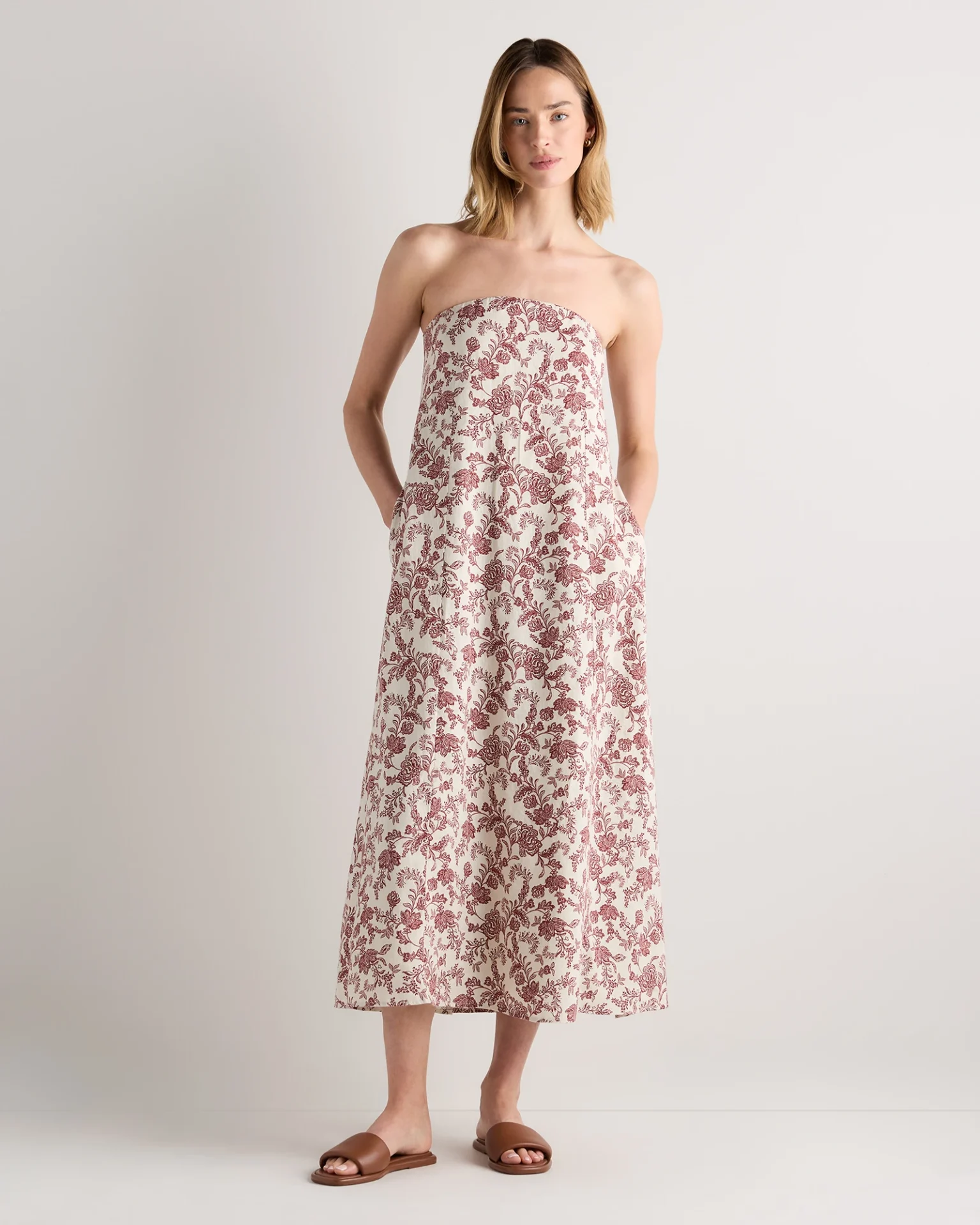 100% European Linen Strapless Maxi Dress (Brick Red Heirloom Floral)