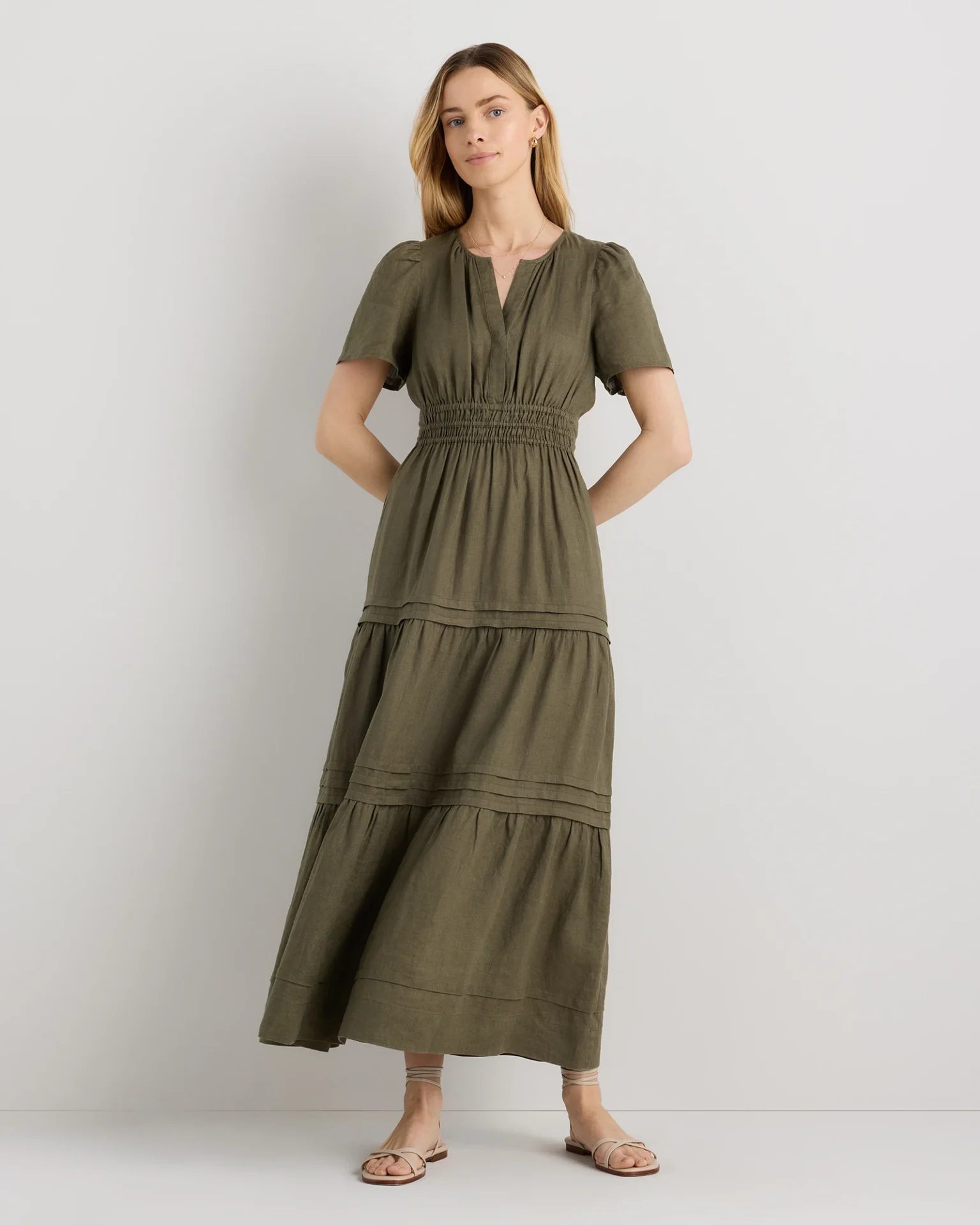 100% European Linen Tiered Maxi Dress (Bayberry Olive)