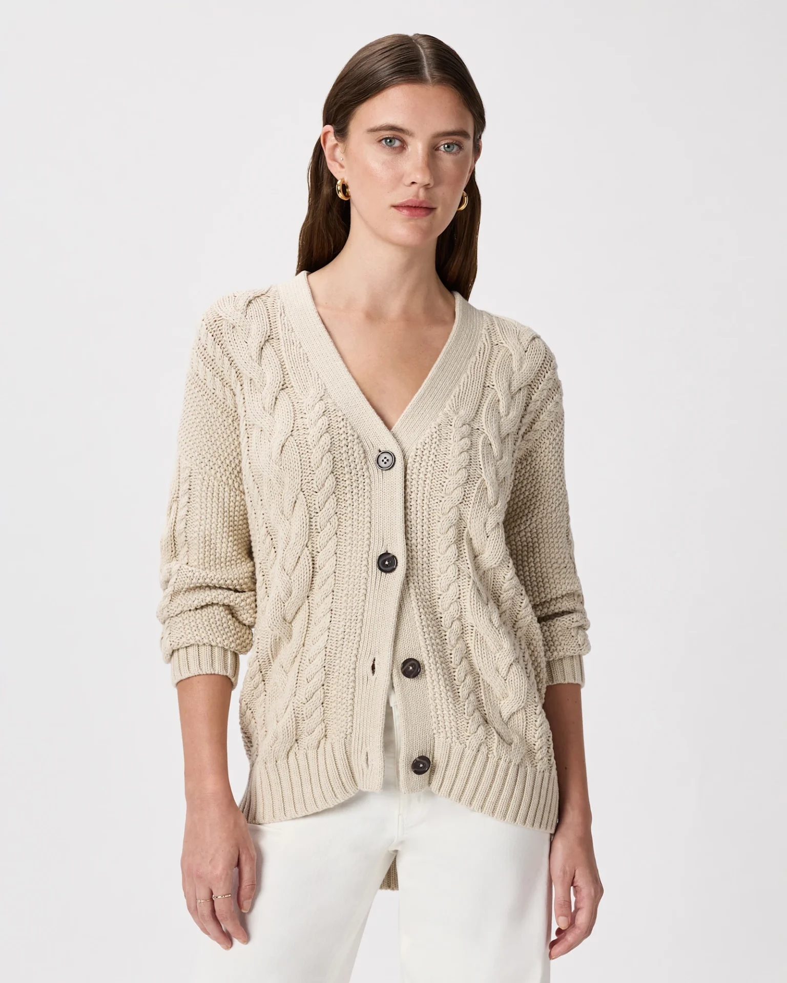 100% Organic Cotton Oversized Cable Cardigan (Speckled Beige)