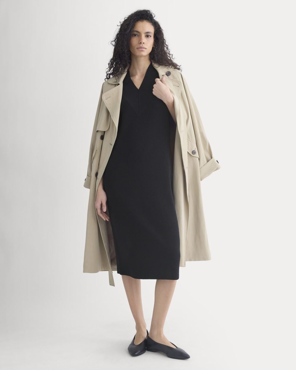 Relaxed V-Neck Midi Sweater Dress in Cotton Merino (Black)