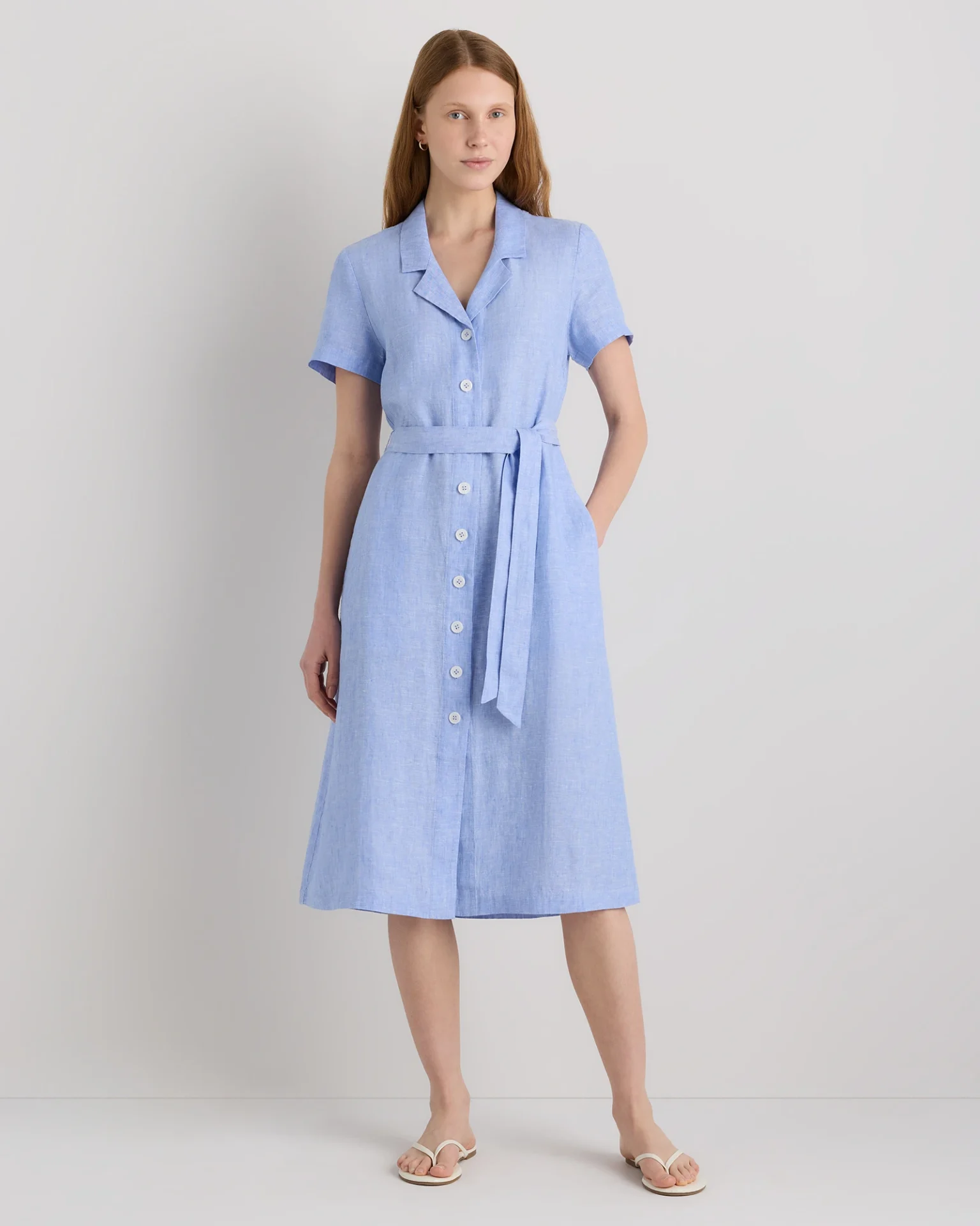 100% European Linen Button Front Dress (French Blue)