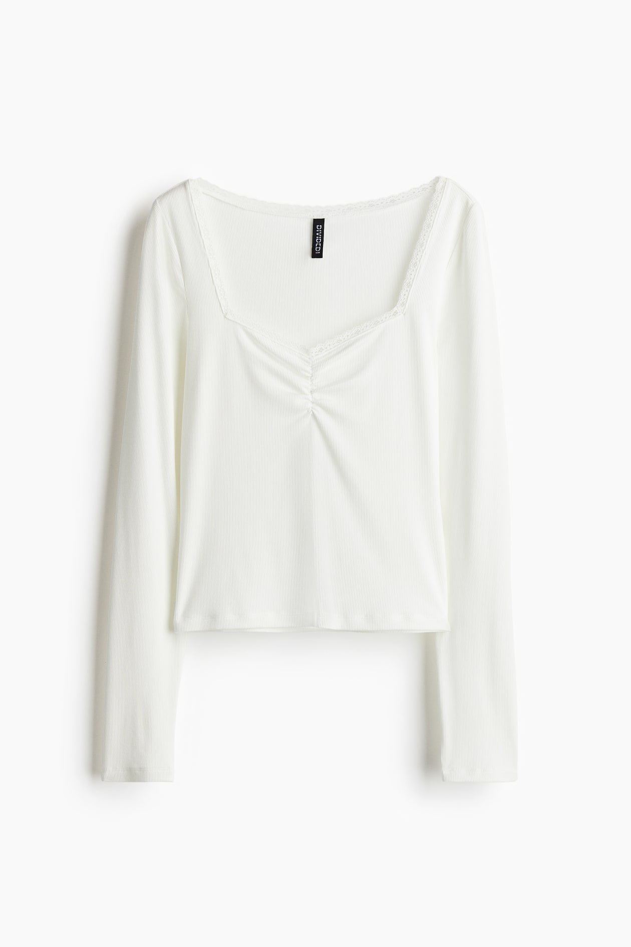 Lace-Trimmed Ribbed Long Sleeve Top (Cream)