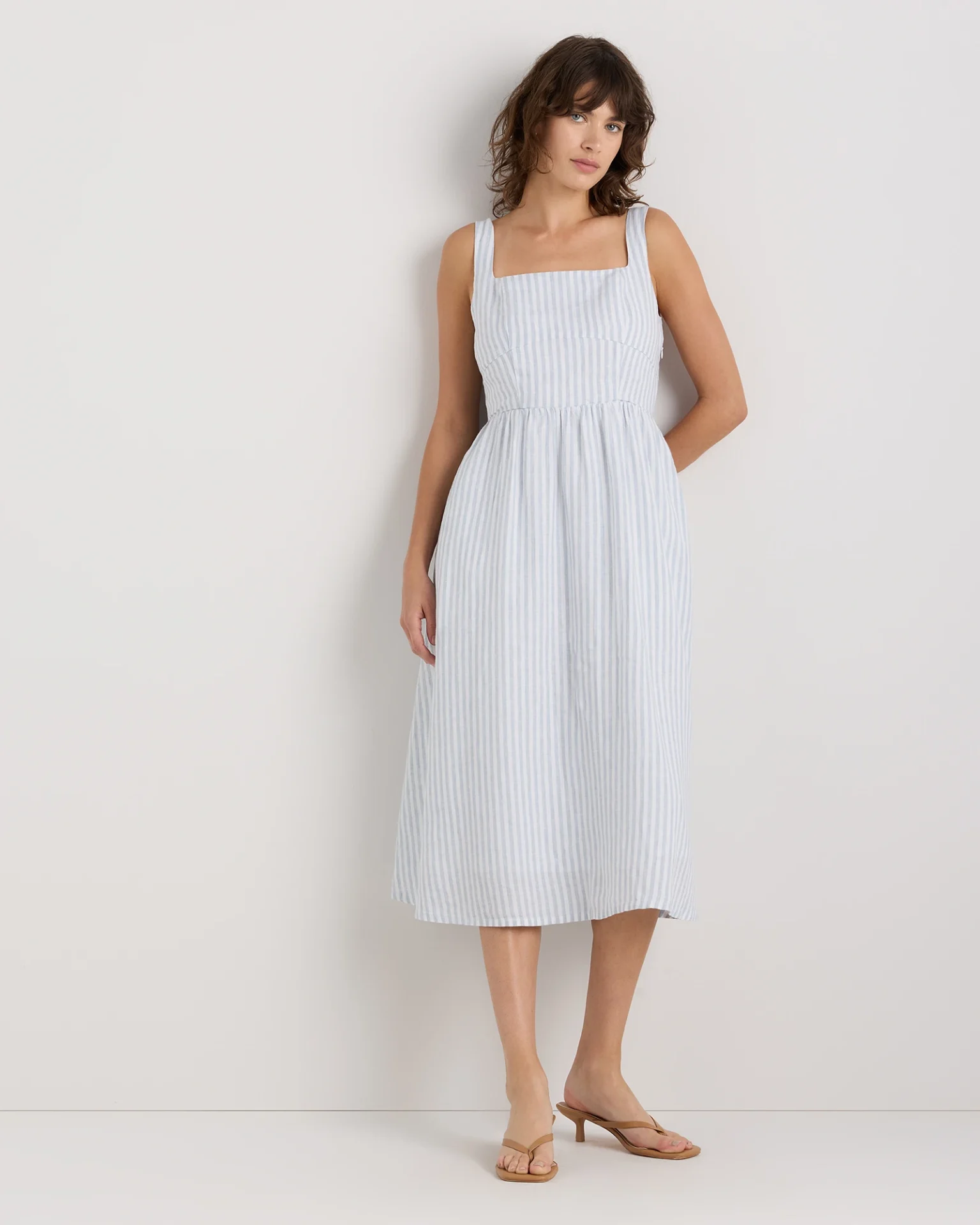100% European Linen Fit & Flare Midi Dress (Sky Blue Mariner Stripe)