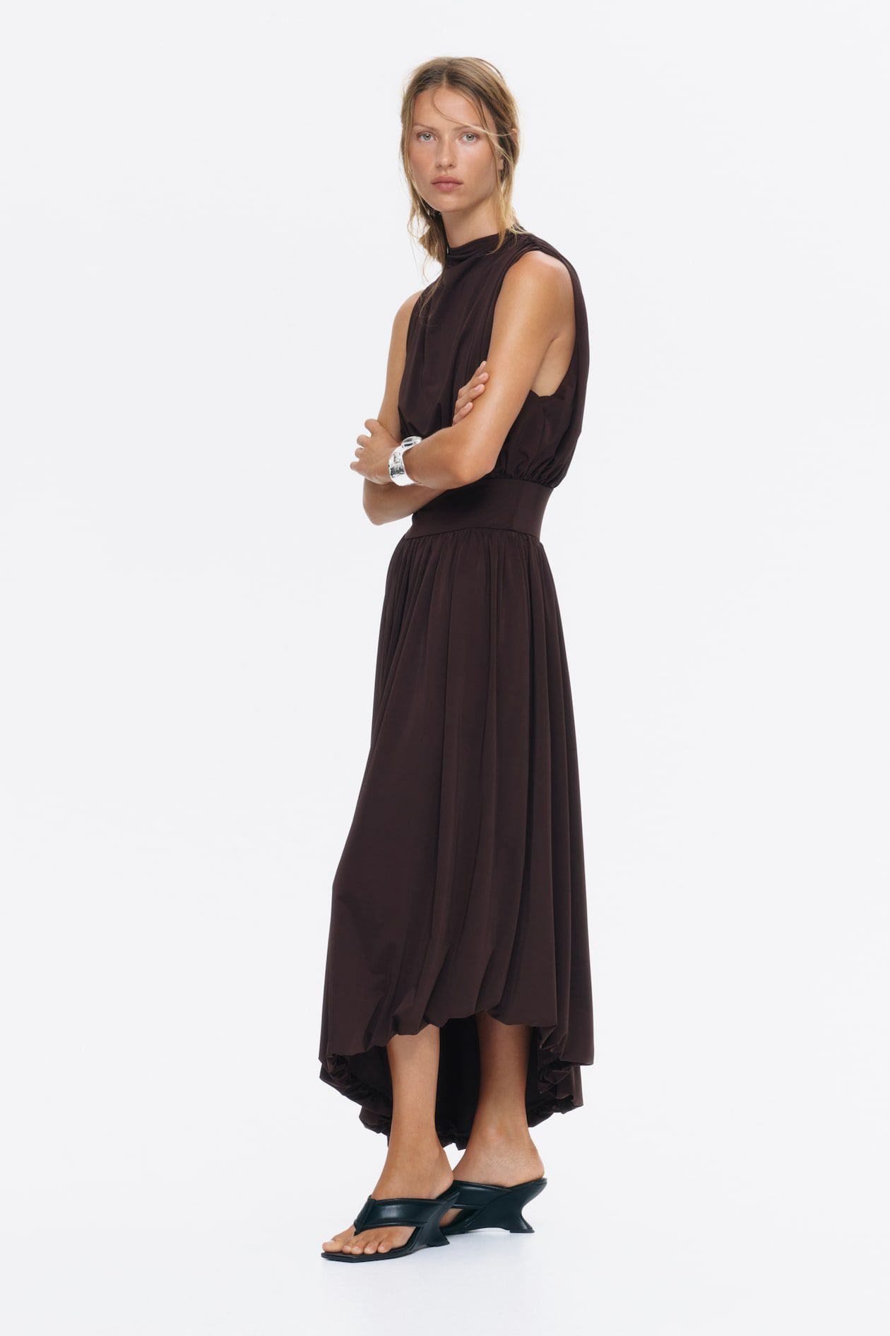 Draped Mock Turtleneck Dress (Dark Brown)