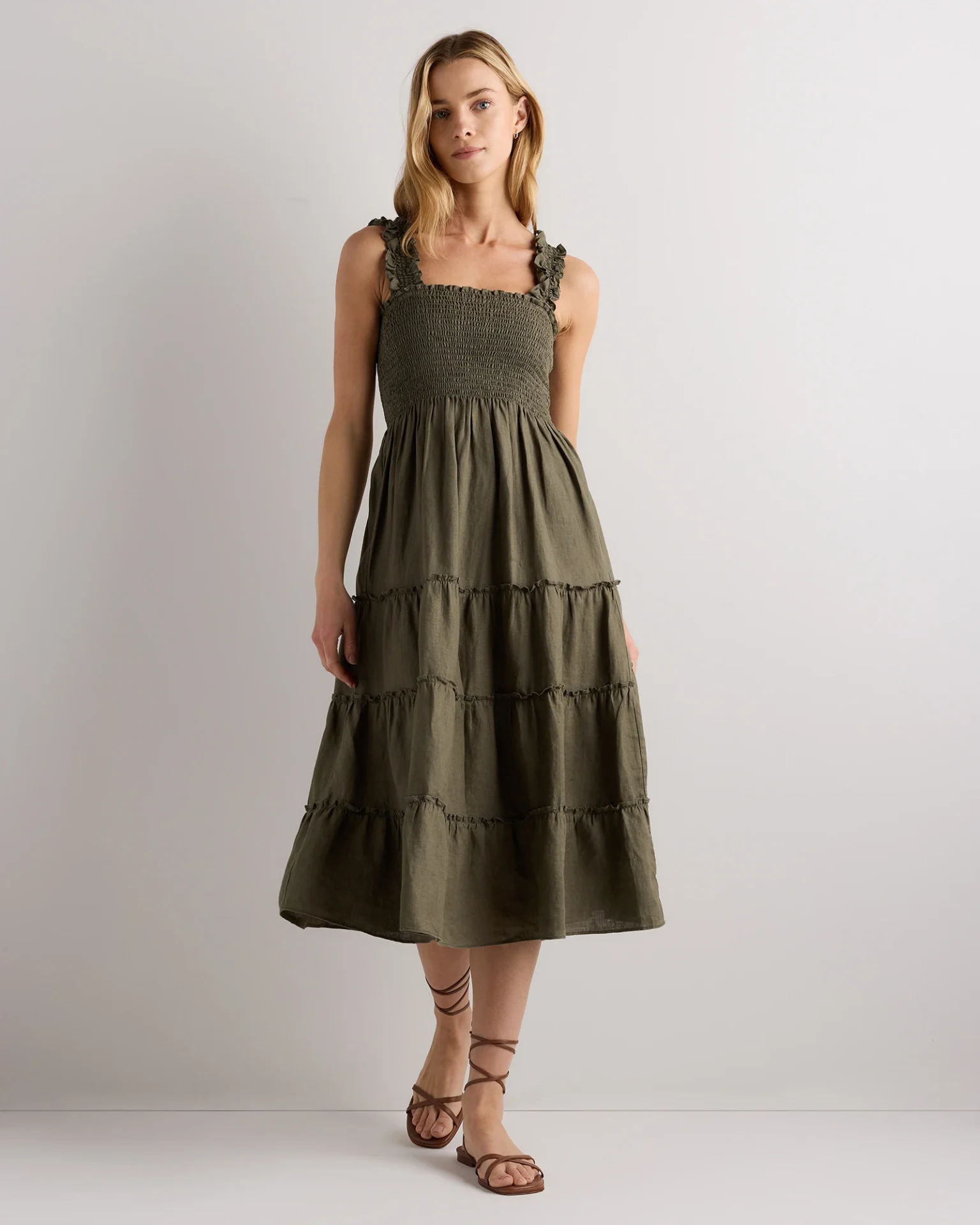 100% European Linen Smocked Midi Dress (Bayberry Olive)