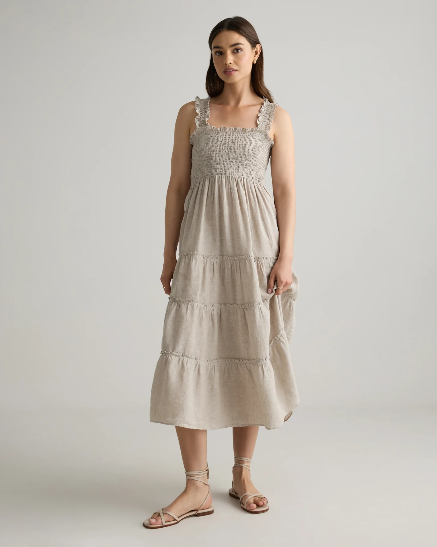 100% European Linen Smocked Midi Dress (Flax)