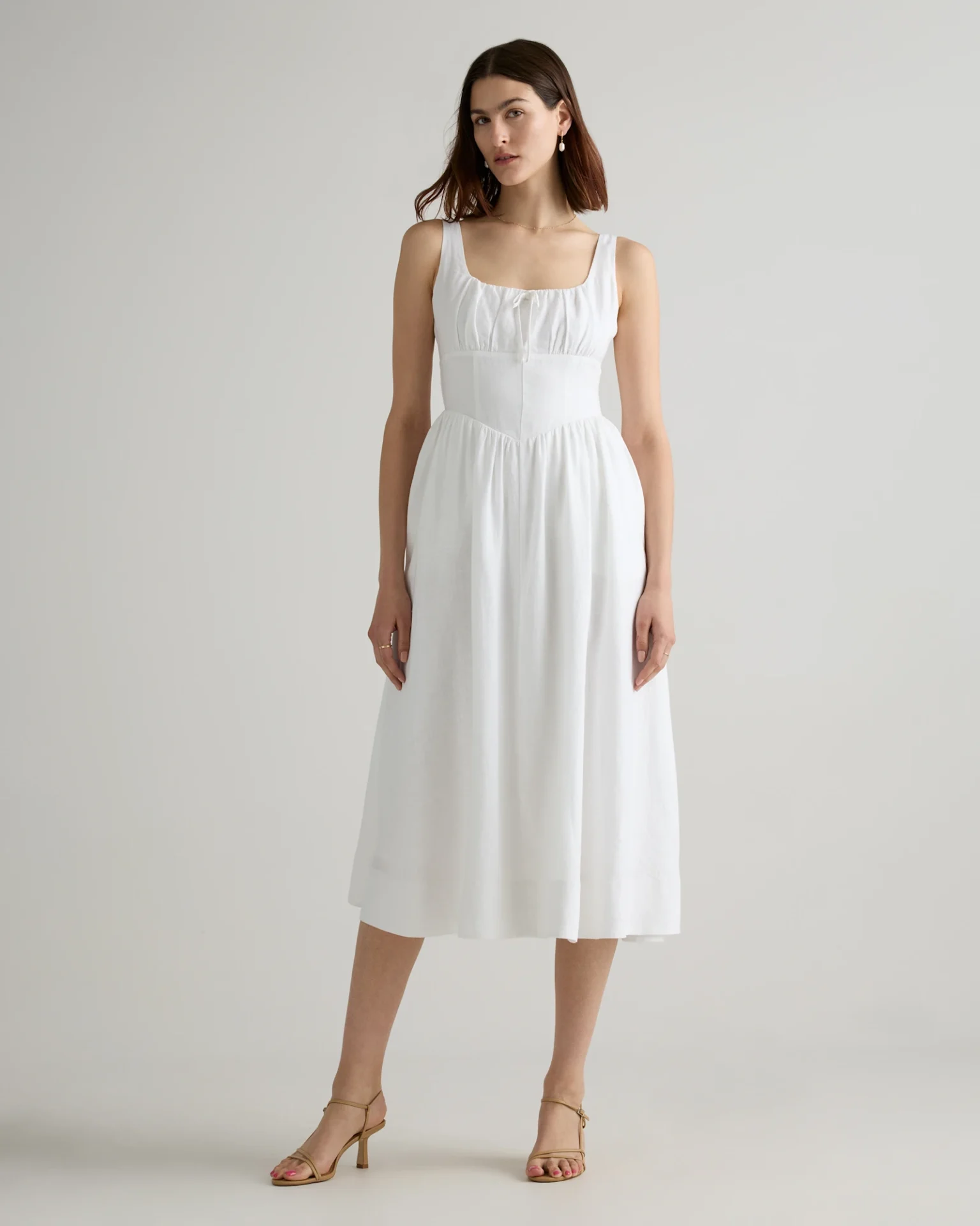 100% European Linen Corset Midi Dress (White)