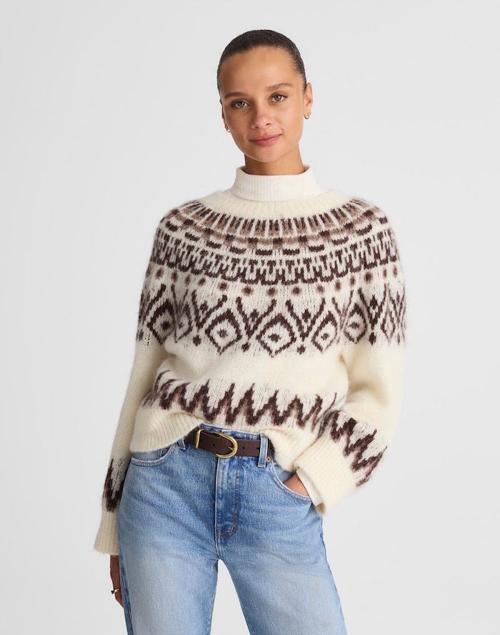 Fair Isle Boxy Sweater (White And Brown)