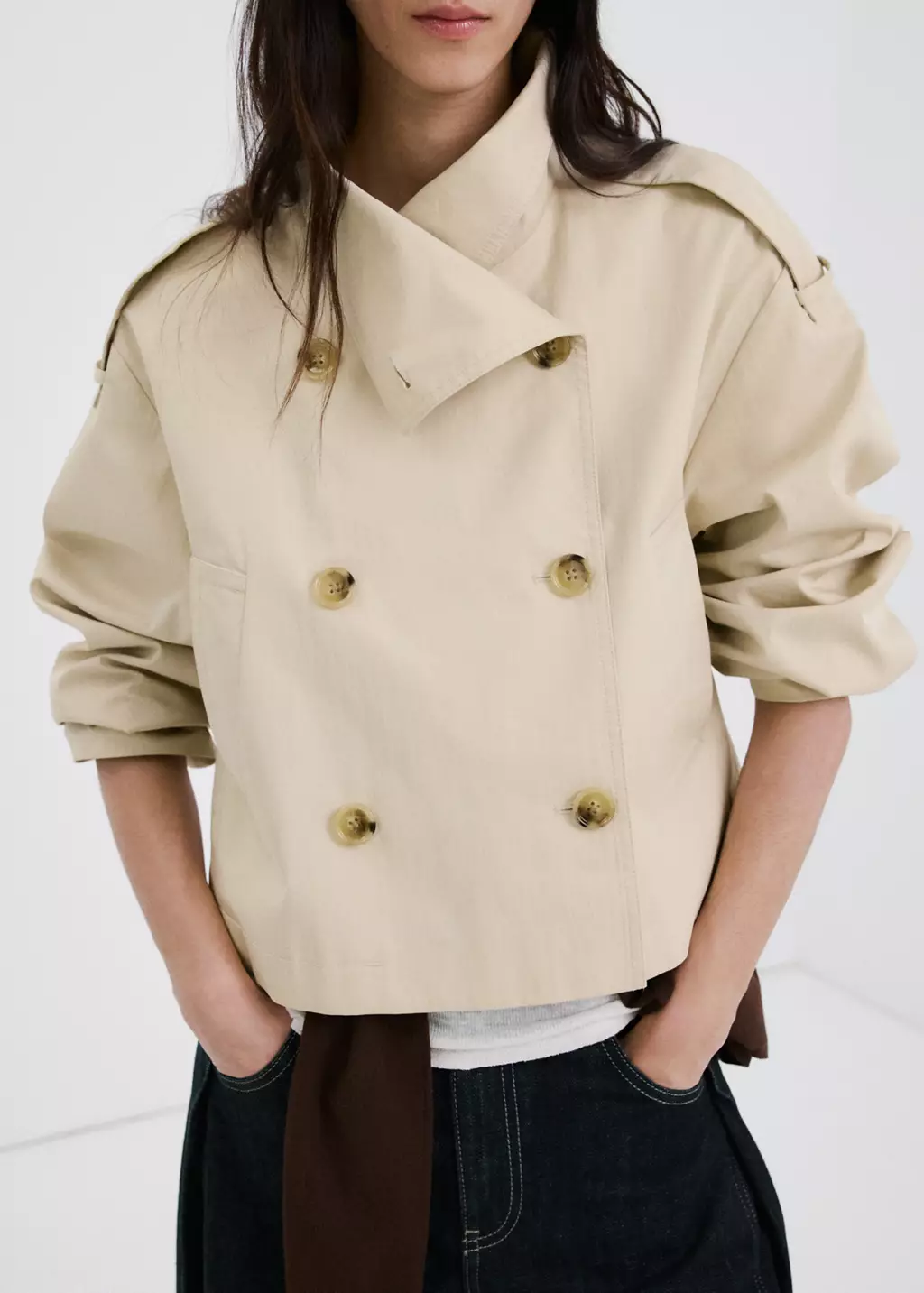 Funnel-Neck Cropped Trench Coat (Beige)