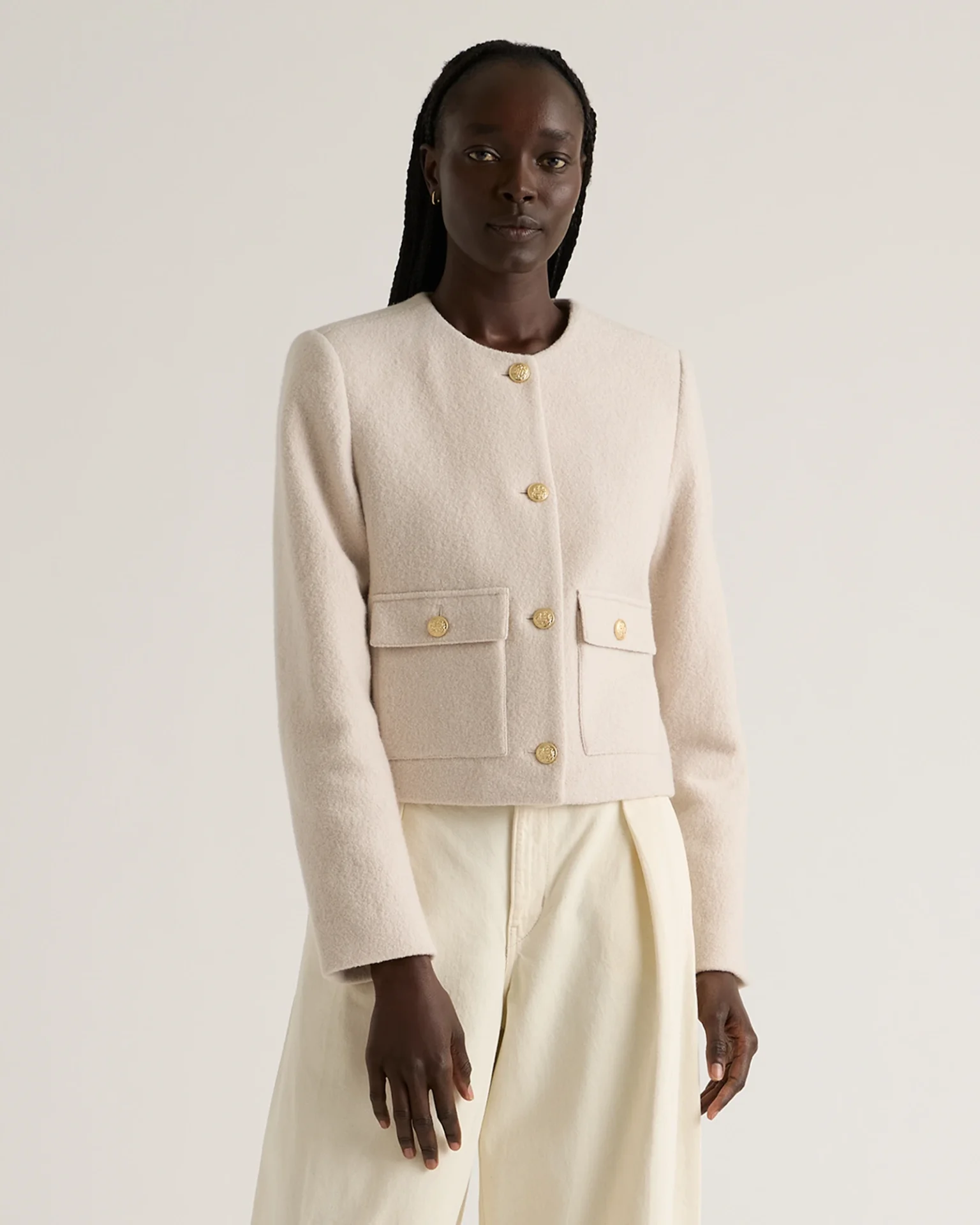 100% Merino Wool Collarless Cropped Jacket (Heather Bone)