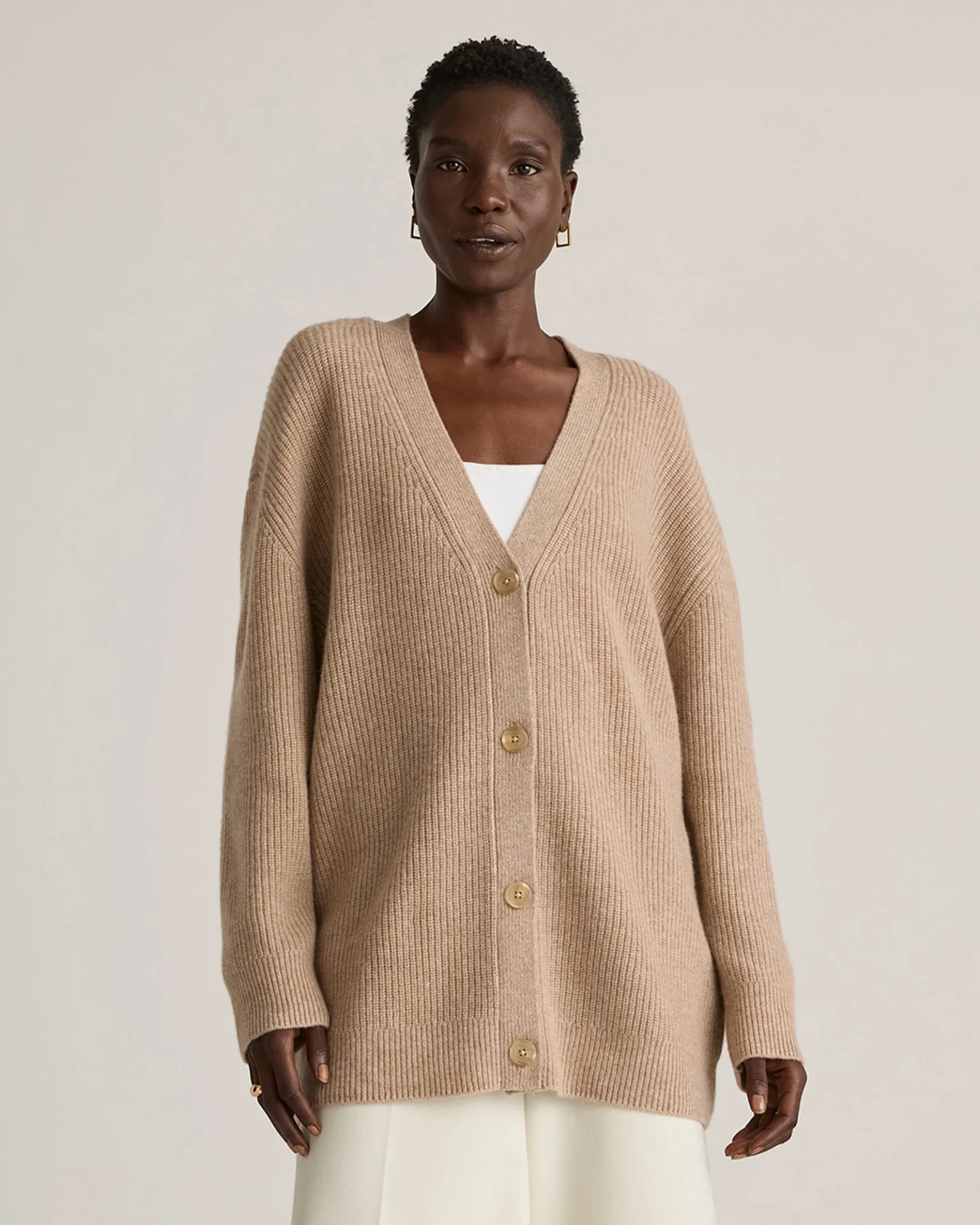 Mongolian Cashmere Oversized Boyfriend Cardigan Sweater (Oatmeal)