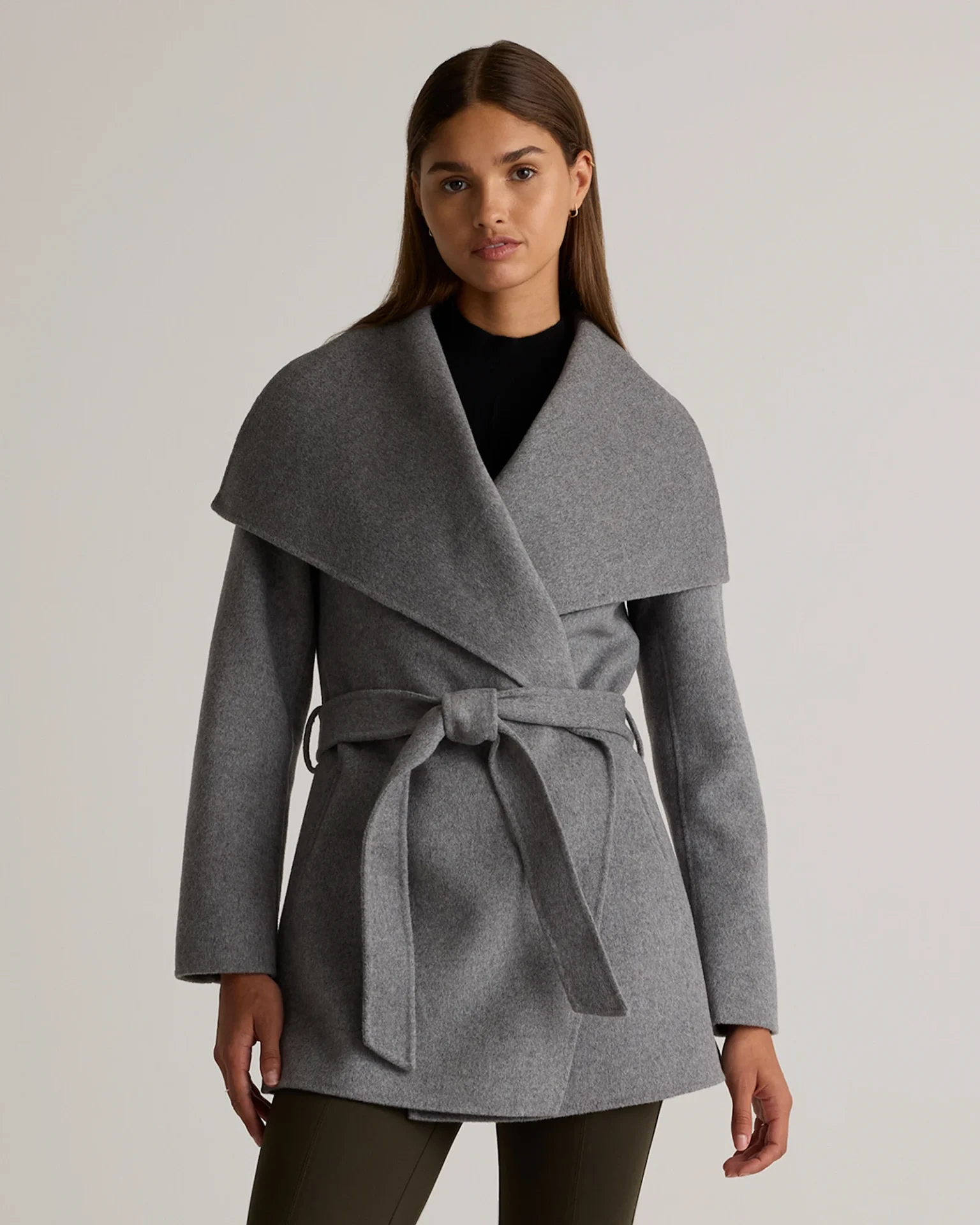 Double-Faced Merino Wool Draped Collar Short Wrap Coat (Heather Grey)