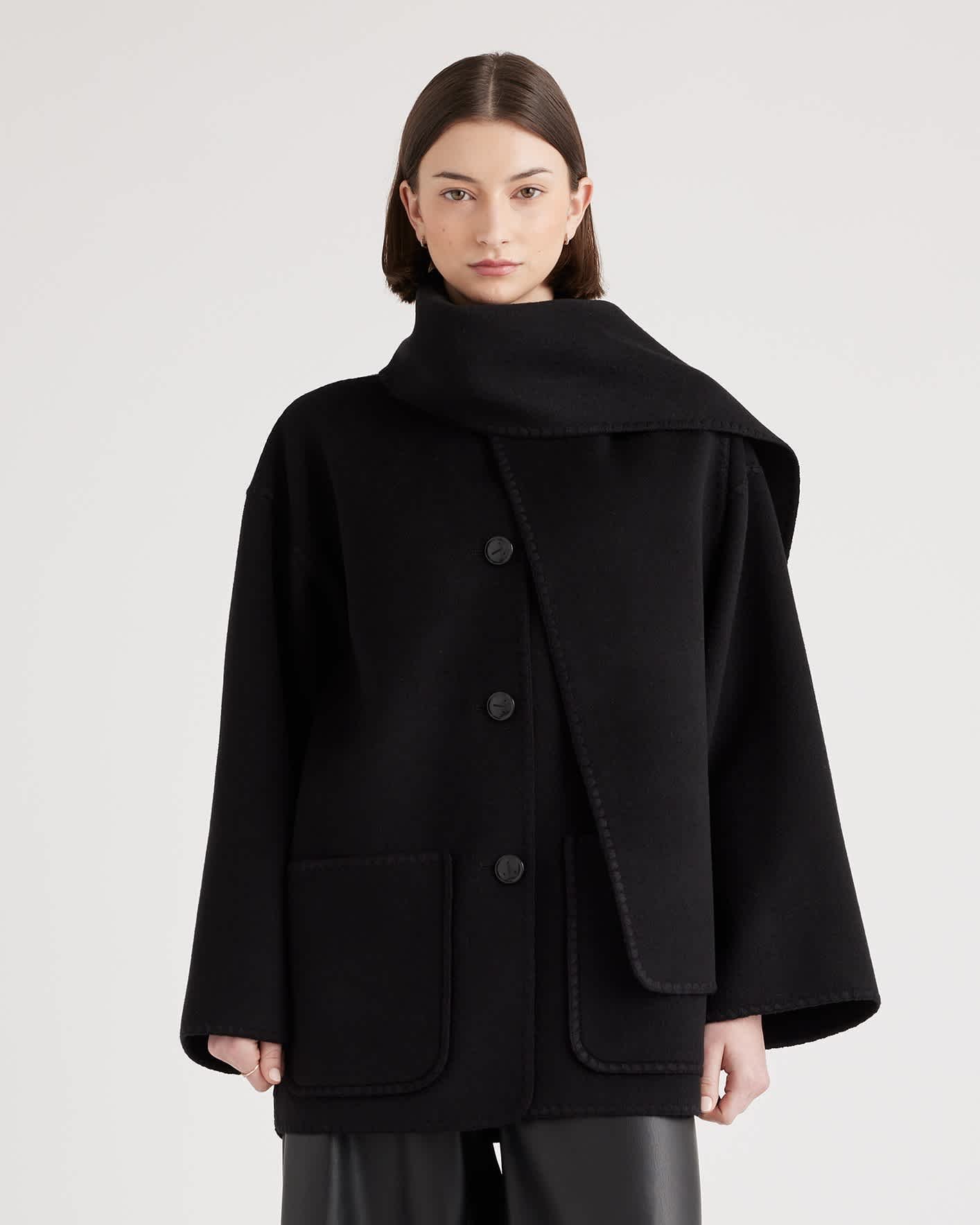Double-Faced Merino Wool Scarf Coat (Black)
