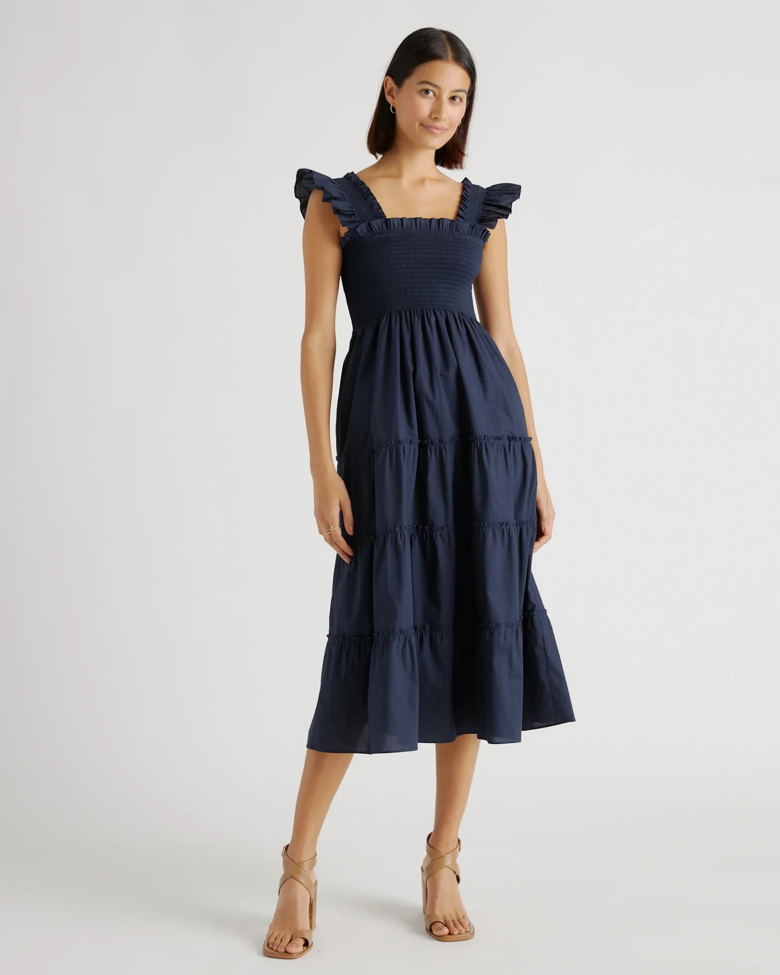 100% Organic Cotton Poplin Smocked Midi Dress (Navy)