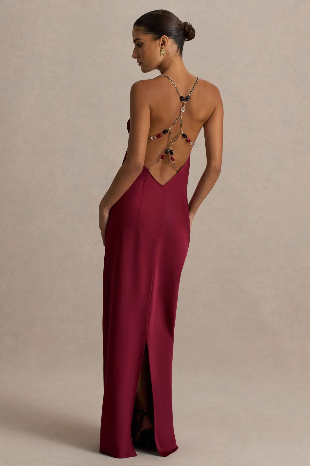 Cher Burgundy Satin Square-Neck Maxi Dress