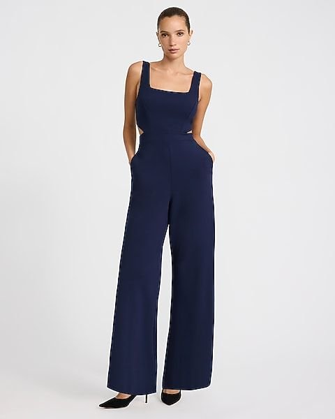 Crepe Square Neck Cutout Wide Leg Jumpsuit with Pockets (Indigo Blue)
