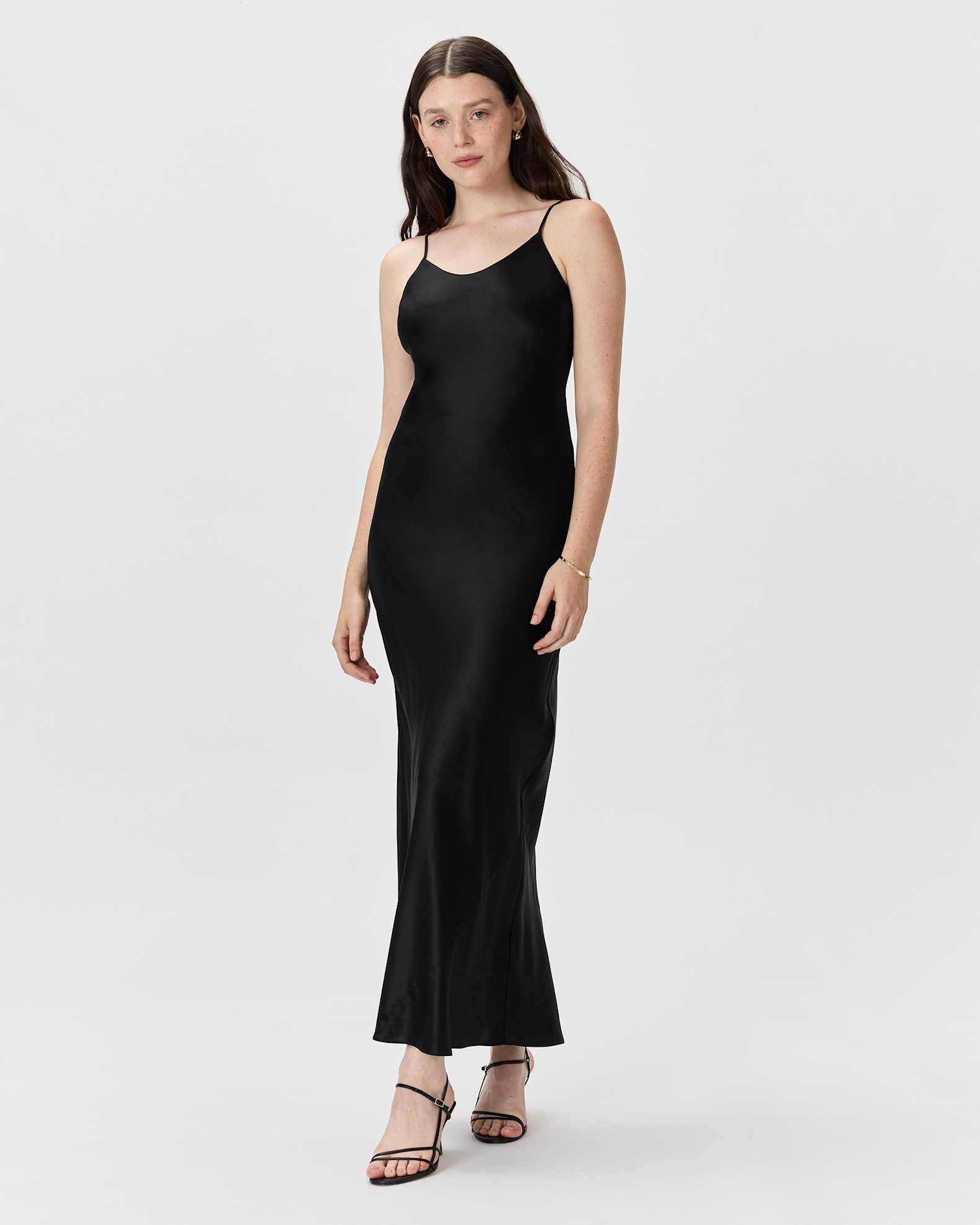 100% Washable Silk Maxi Slip Dress (Black)
