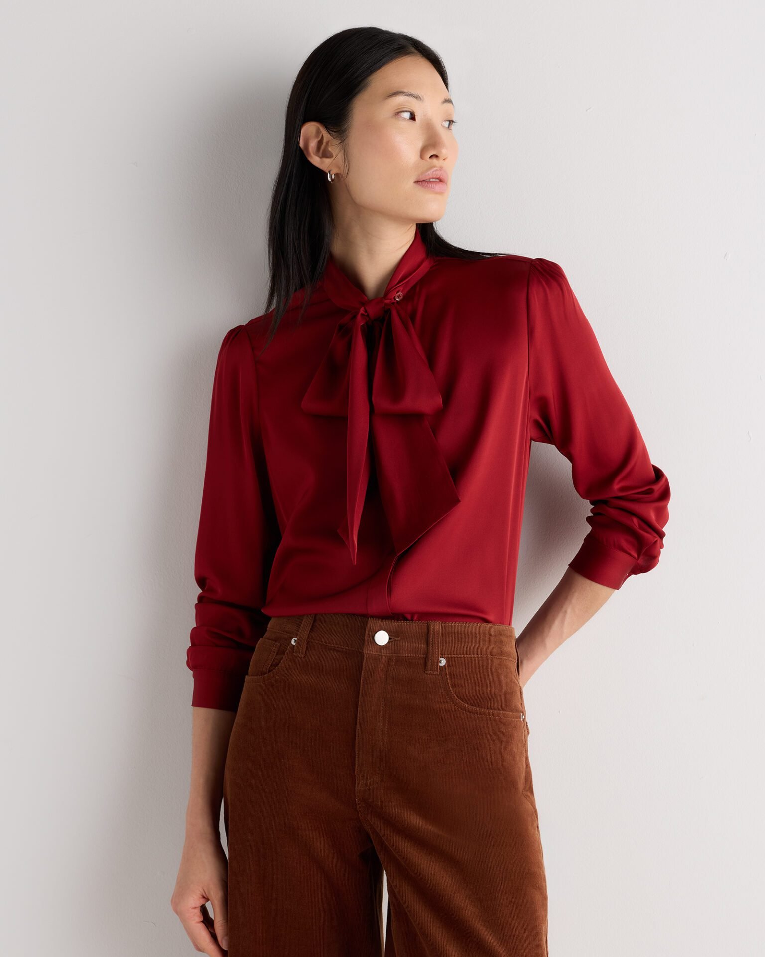 Washable Stretch Silk Tie Neck Blouse (Clay Red)