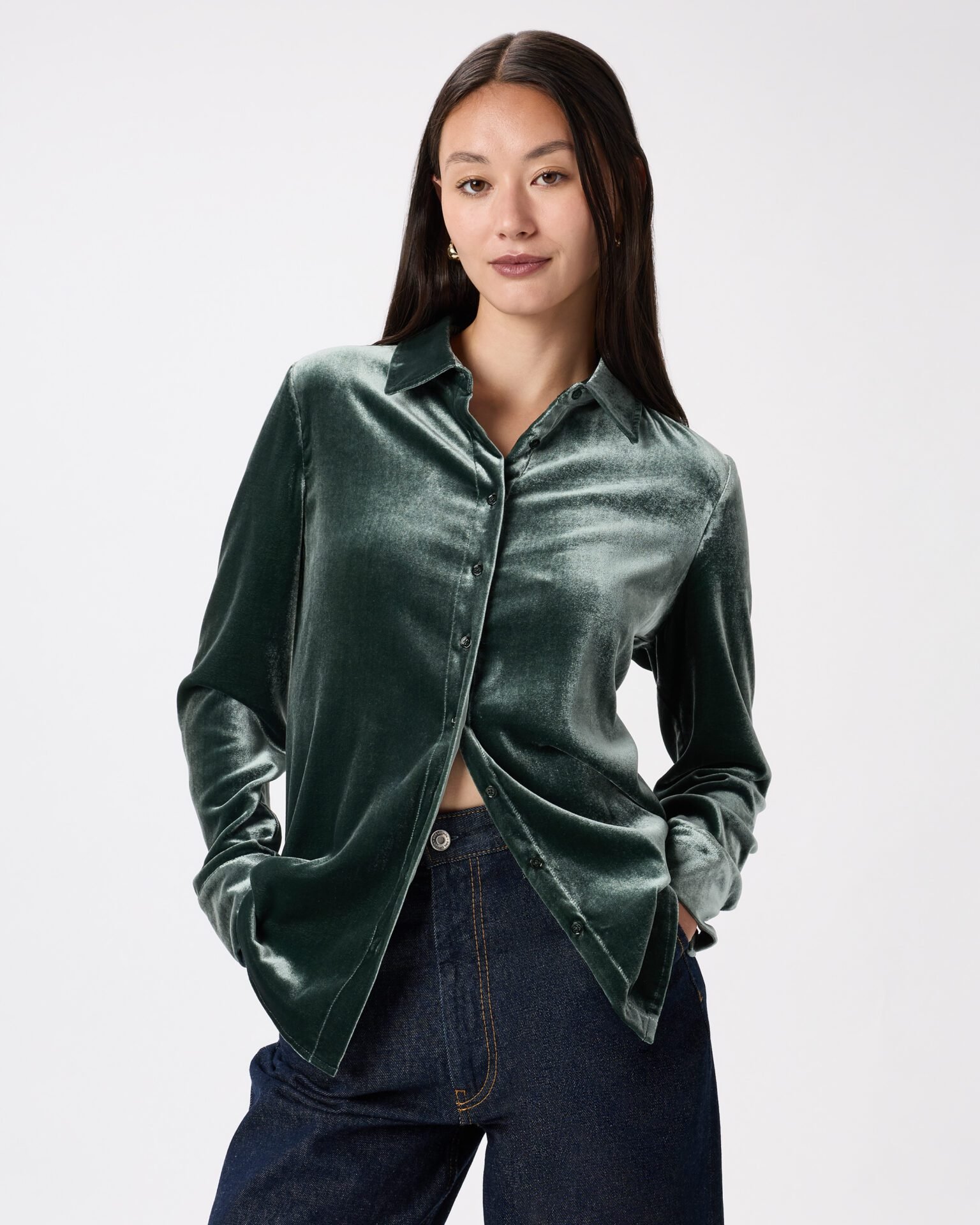 Stretch Silk Velvet Long Sleeve Shirt (Forest Green)