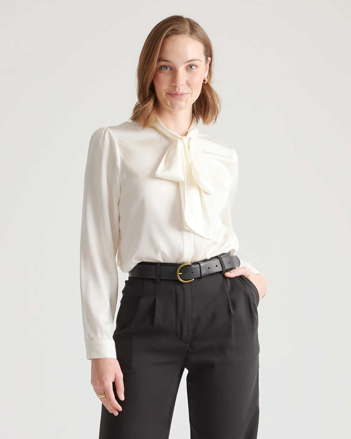 Washable Stretch Silk Tie Neck Blouse (Ivory)
