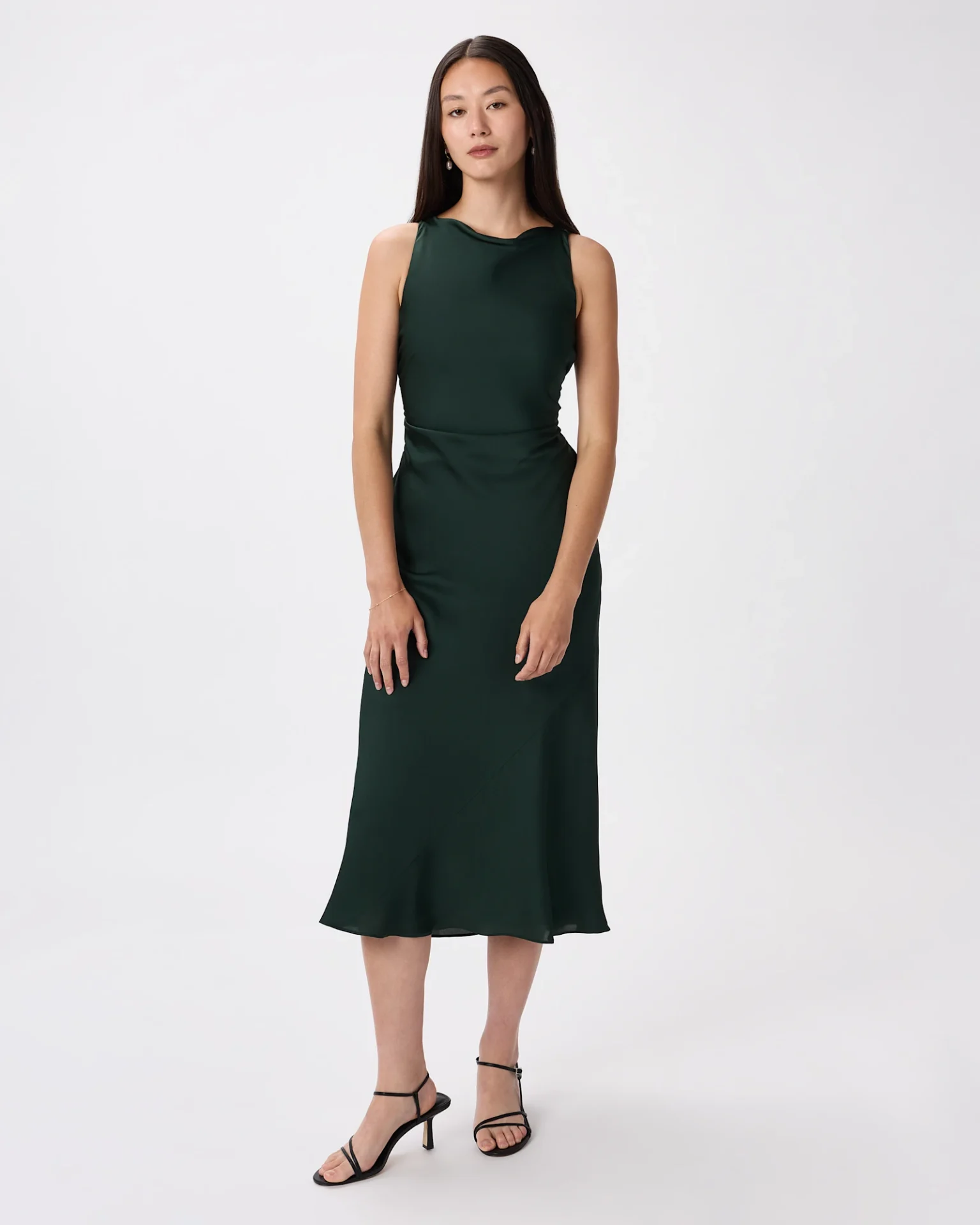Washable Stretch Silk High Neck Midi Dress (Forest Green)