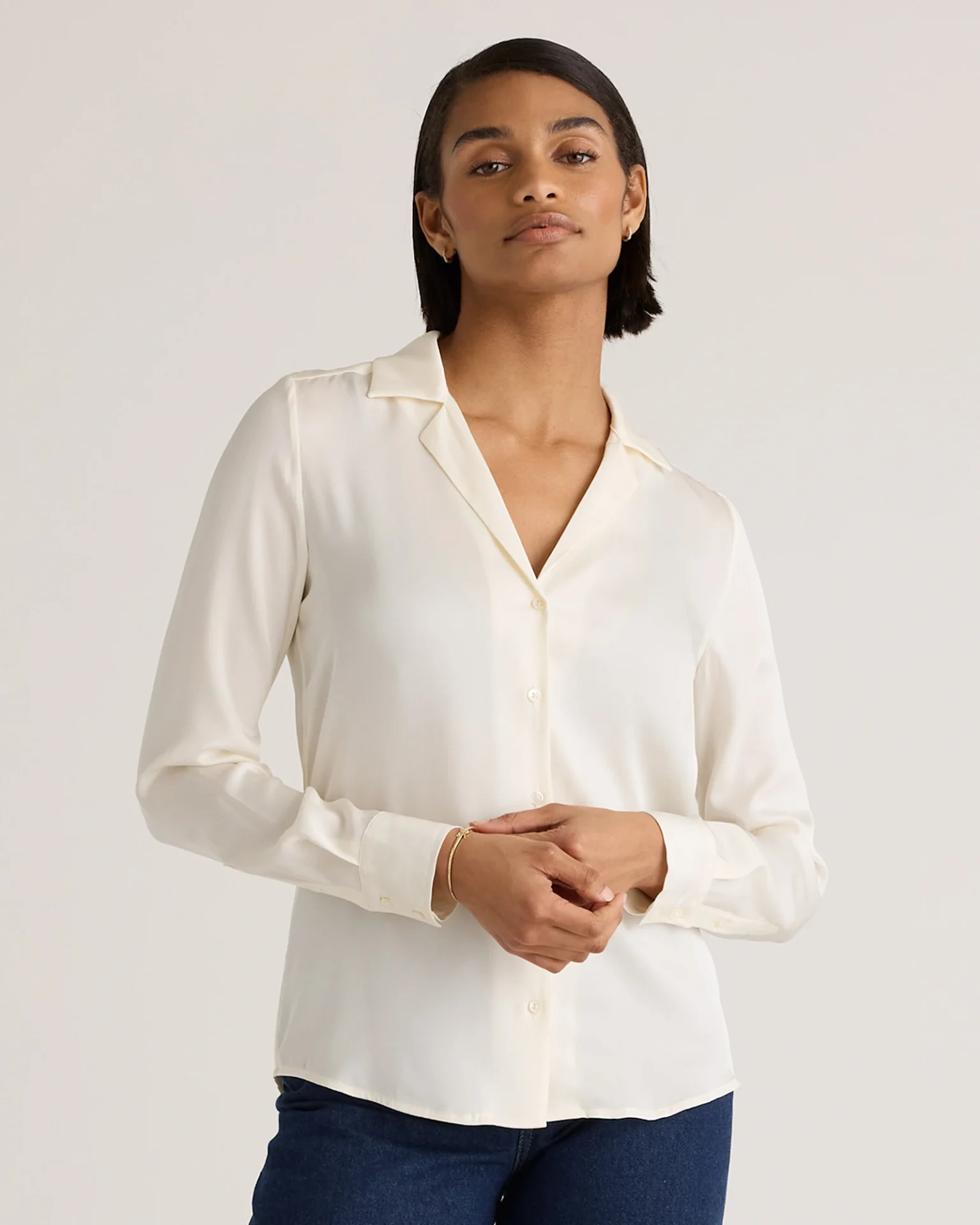 Washable Stretch Silk Notch Collar Blouse (Ivory)