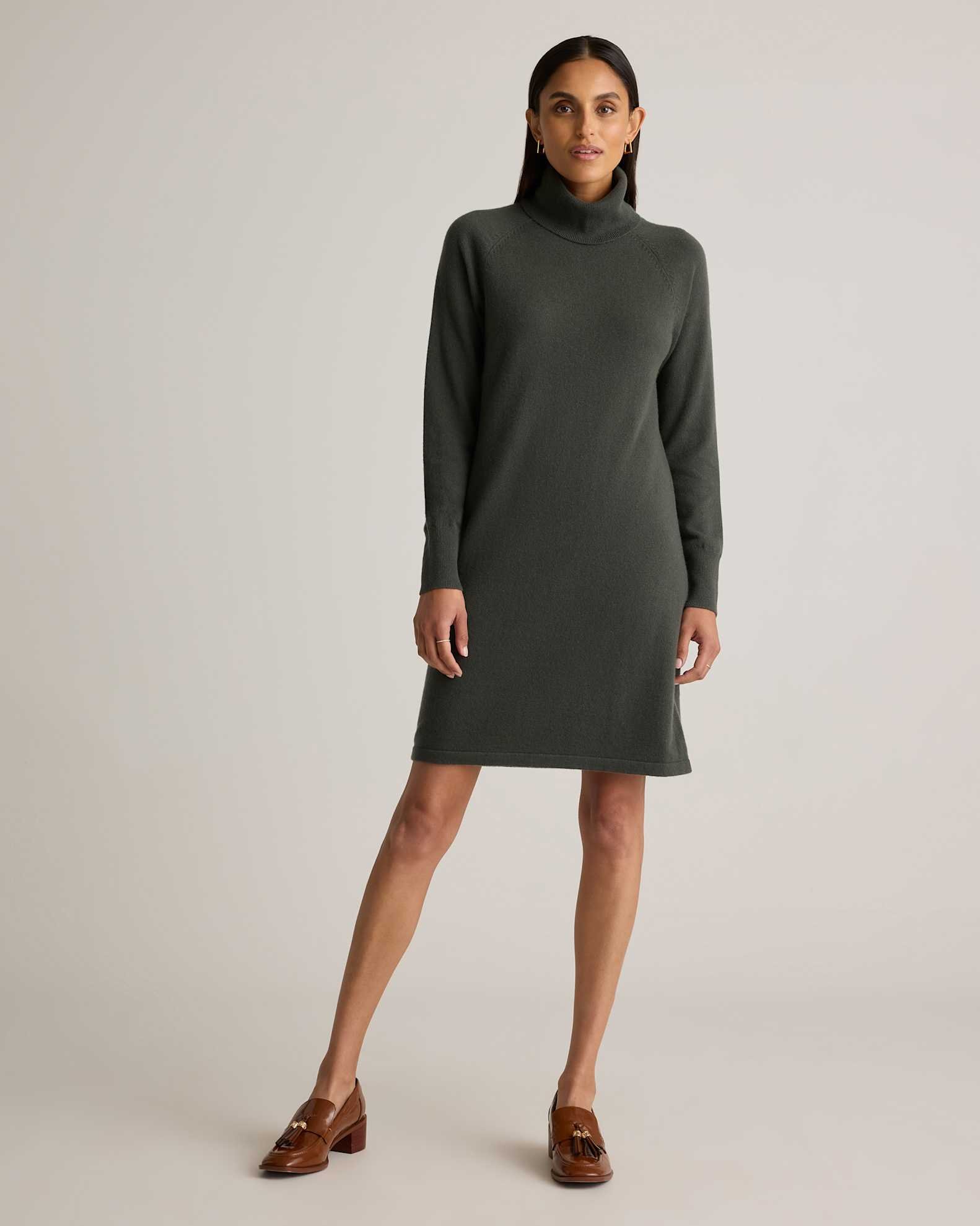 Mongolian Cashmere Turtleneck Sweater Dress (Moss)