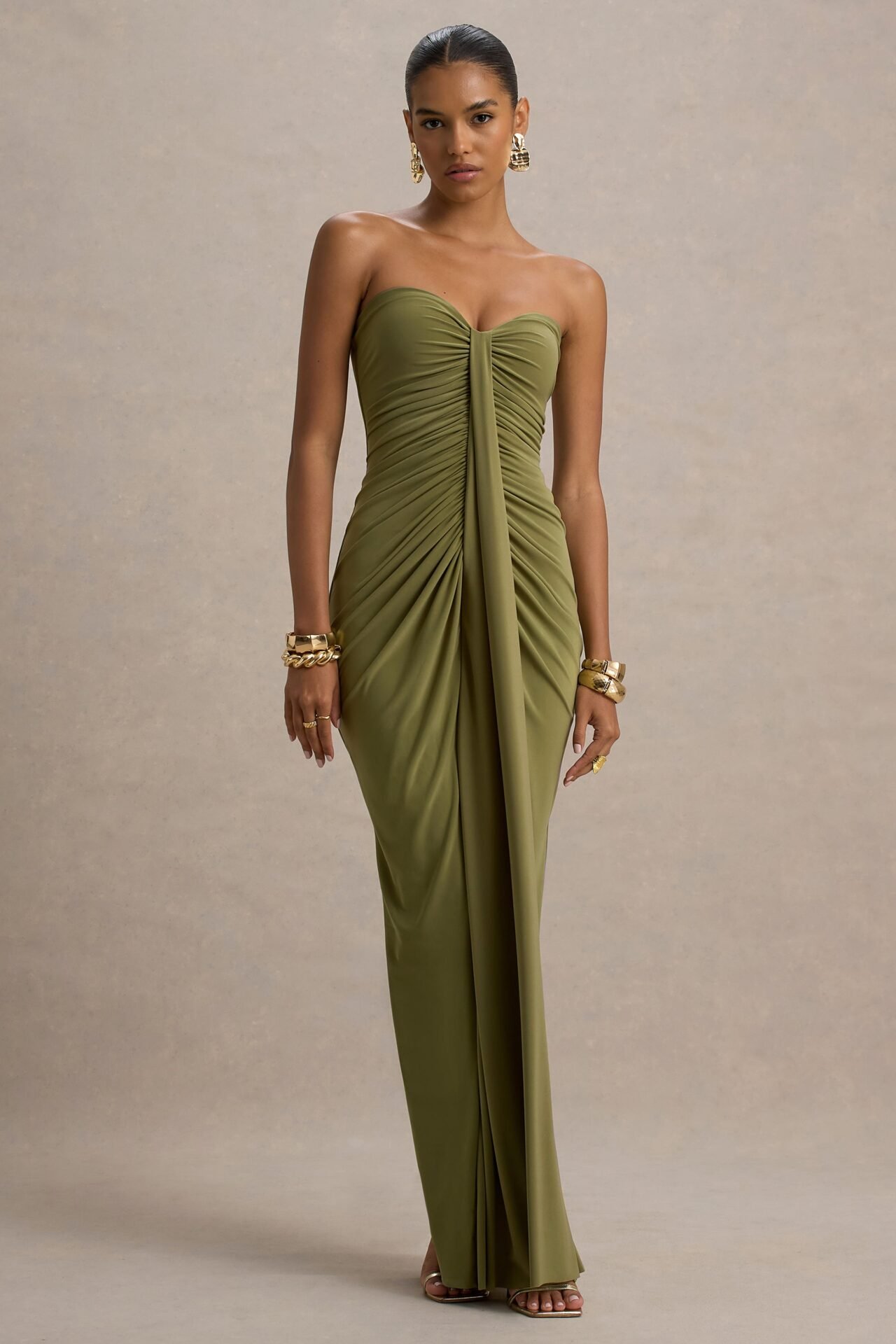 Ali Olive Sweetheart Ruched Wrap Maxi Dress