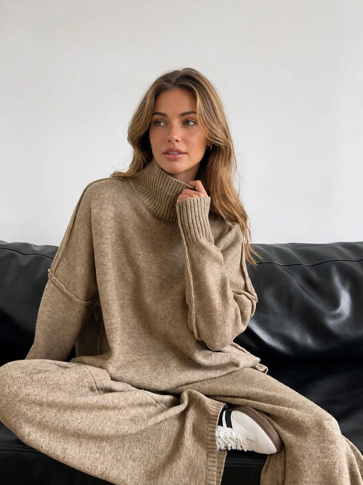 Plain Turtleneck Knit Pants Set (Camel) - turtleneck top