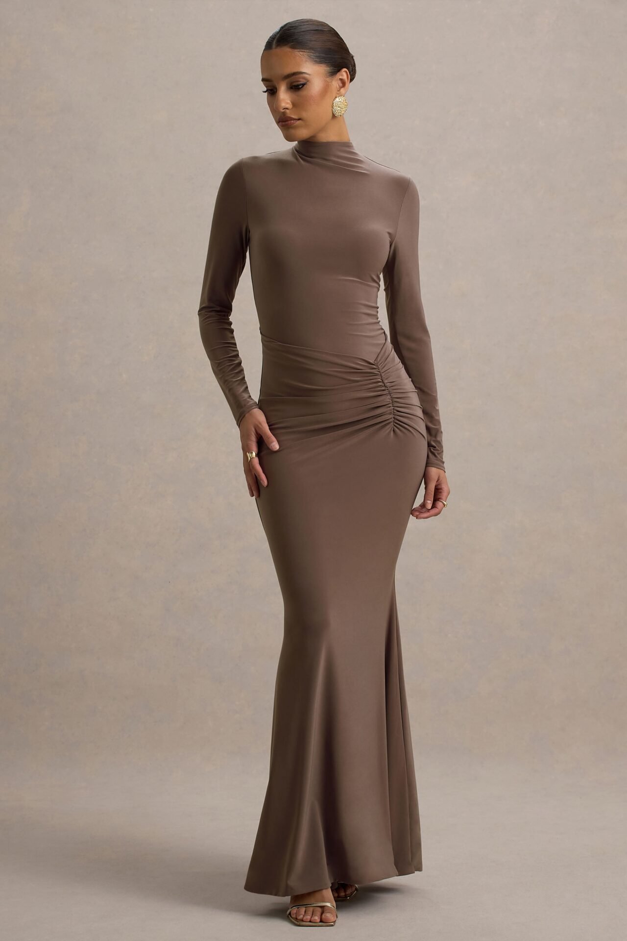 Reid Brown Long-Sleeve Gathered Maxi Dress