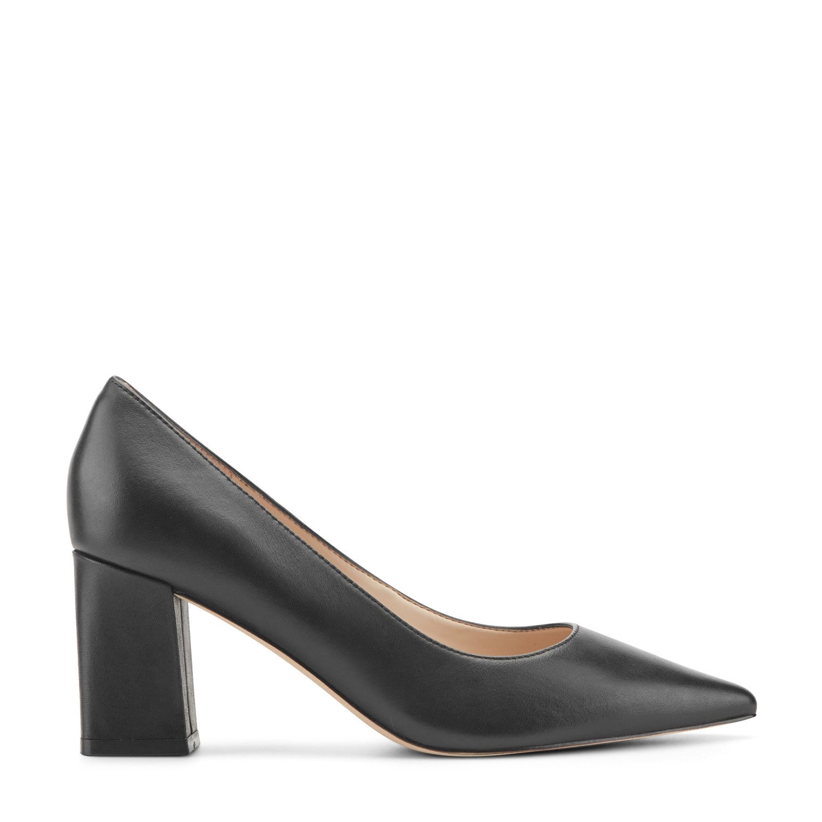 Zala Block Heel Pointy Toe Pump (Black Leather)