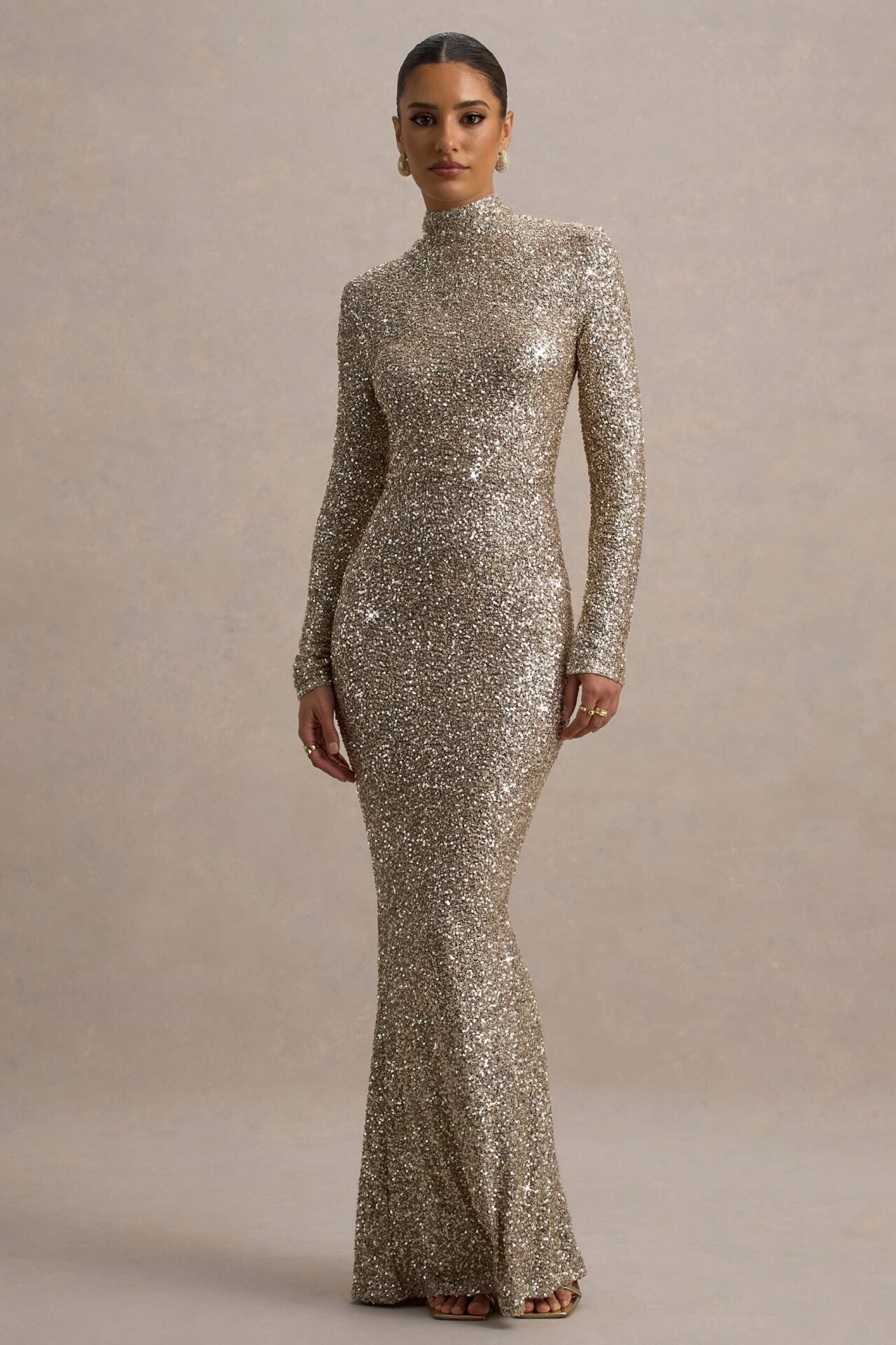 Galaxy Champagne Sequin Turtle-Neck Long-Sleeve Maxi Dress