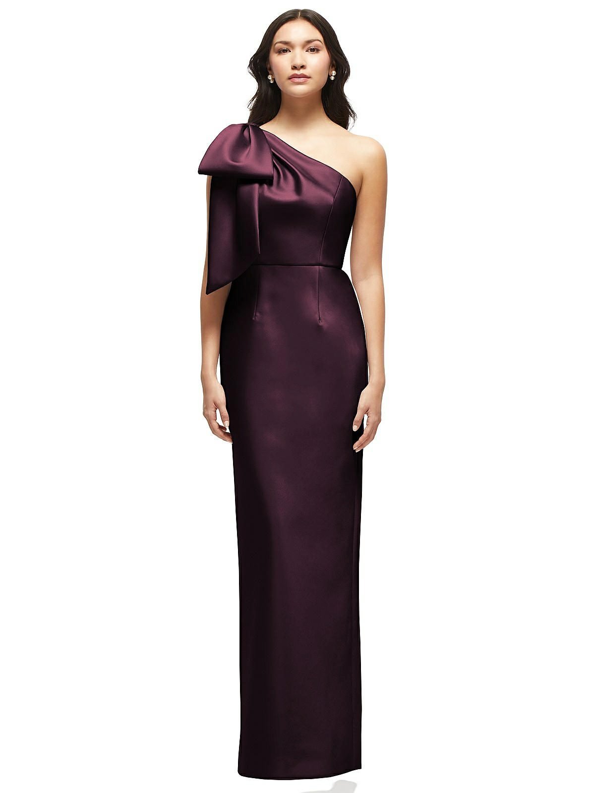 Oversized Bow One-Shoulder Satin Column Maxi Dress in Deep Plum