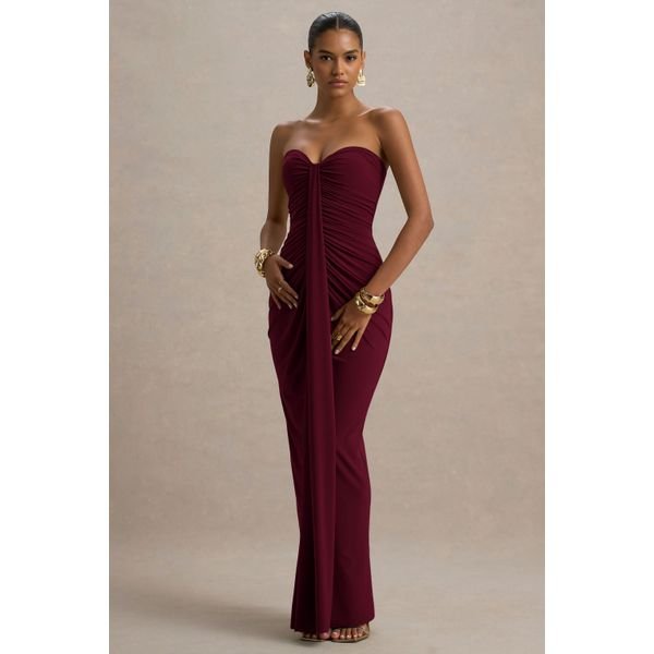 Ali Burgundy Sweetheart Ruched Wrap Maxi Dress