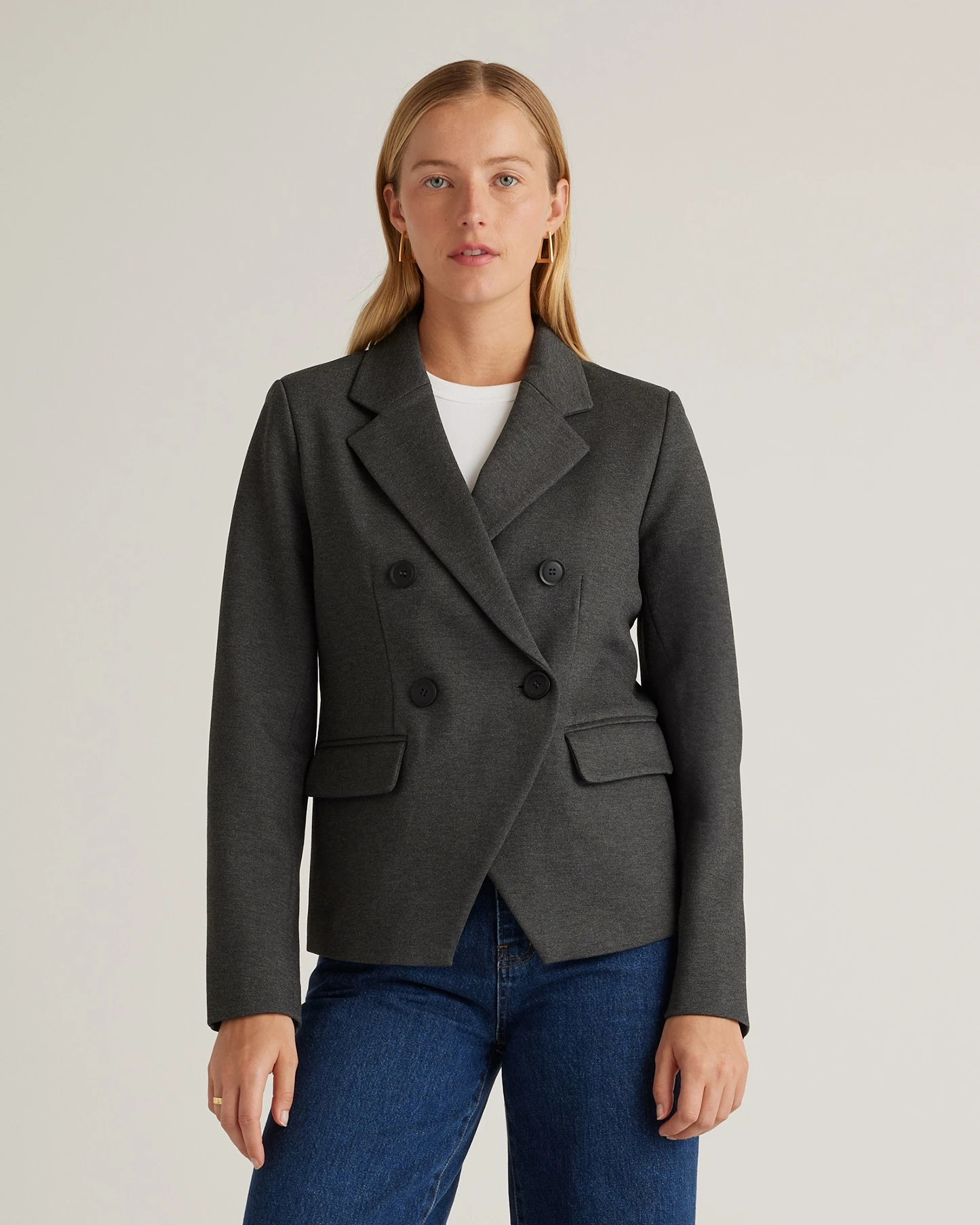 Ultra-Stretch Ponte Double-Breasted Blazer (Charcoal)
