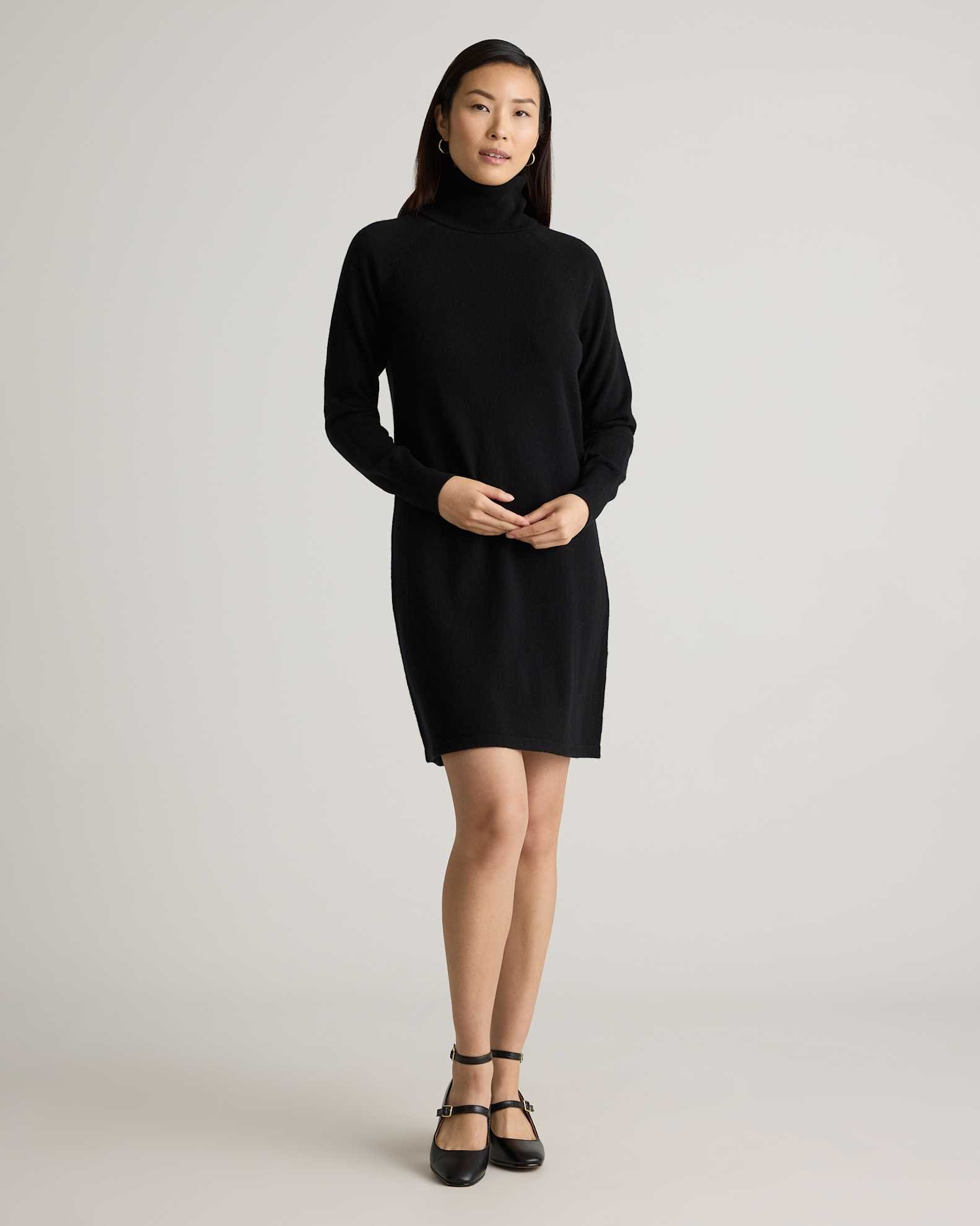 Mongolian Cashmere Turtleneck Sweater Dress (Black)