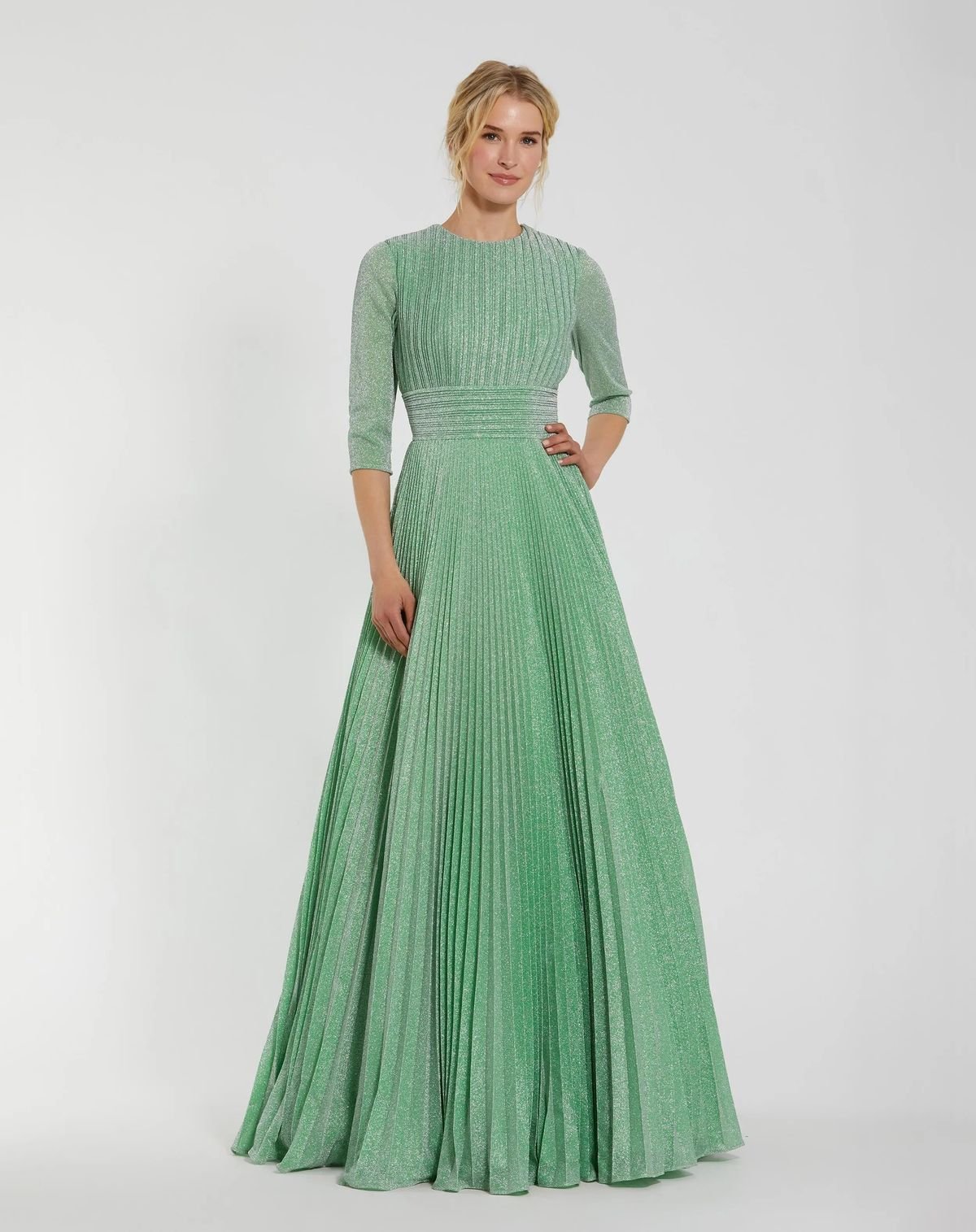 Pleated Shimmering 3/4 Sleeve Gown