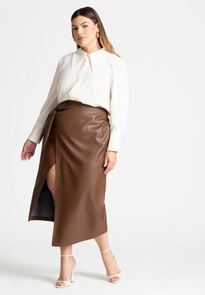 Wrap Front Faux Leather Midi Skirt (Chocolate Fondant)