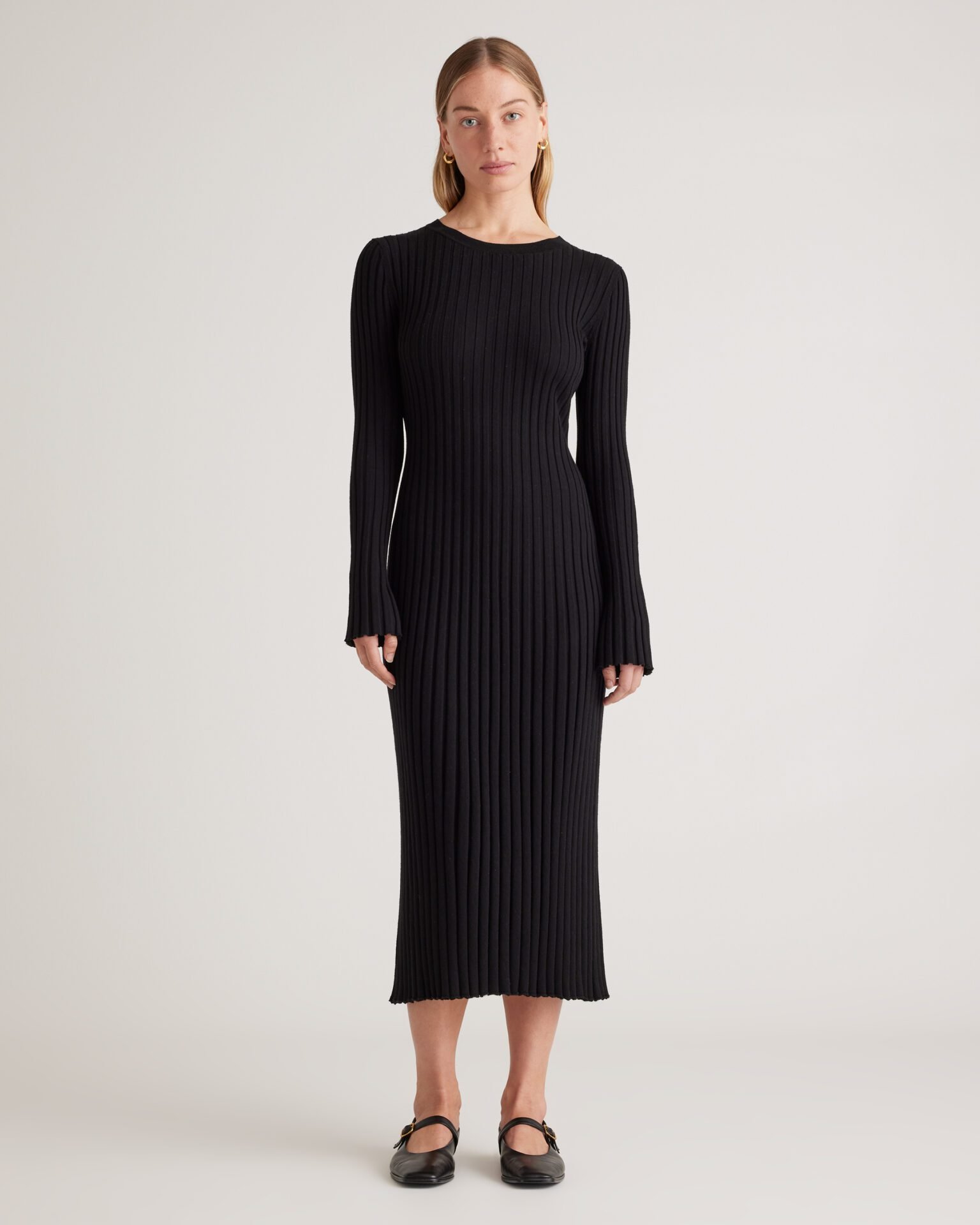 Cotton Cashmere Ribbed Long Sleeve Crew Midi Dress (Black)