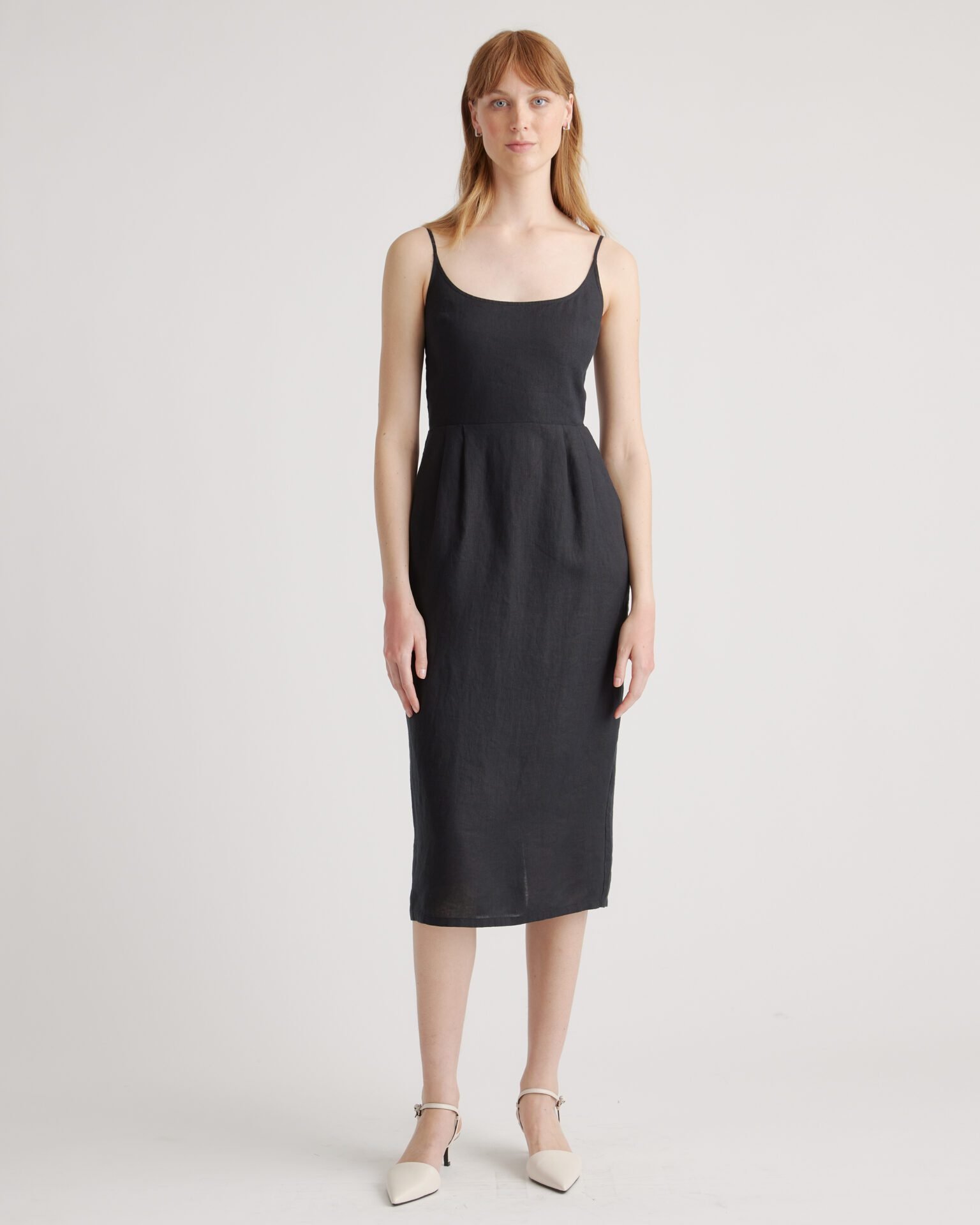 100% European Linen Scoop Neck Midi Dress (Black)