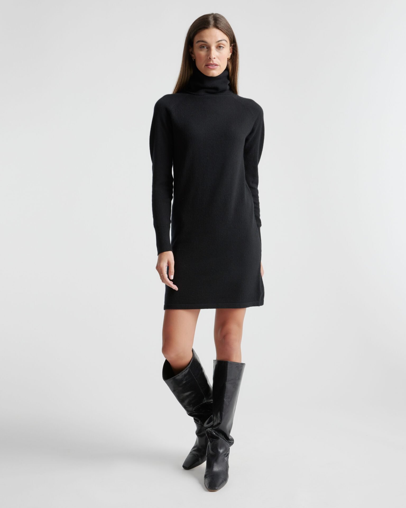 Mongolian Cashmere Turtleneck Sweater Dress (Black)