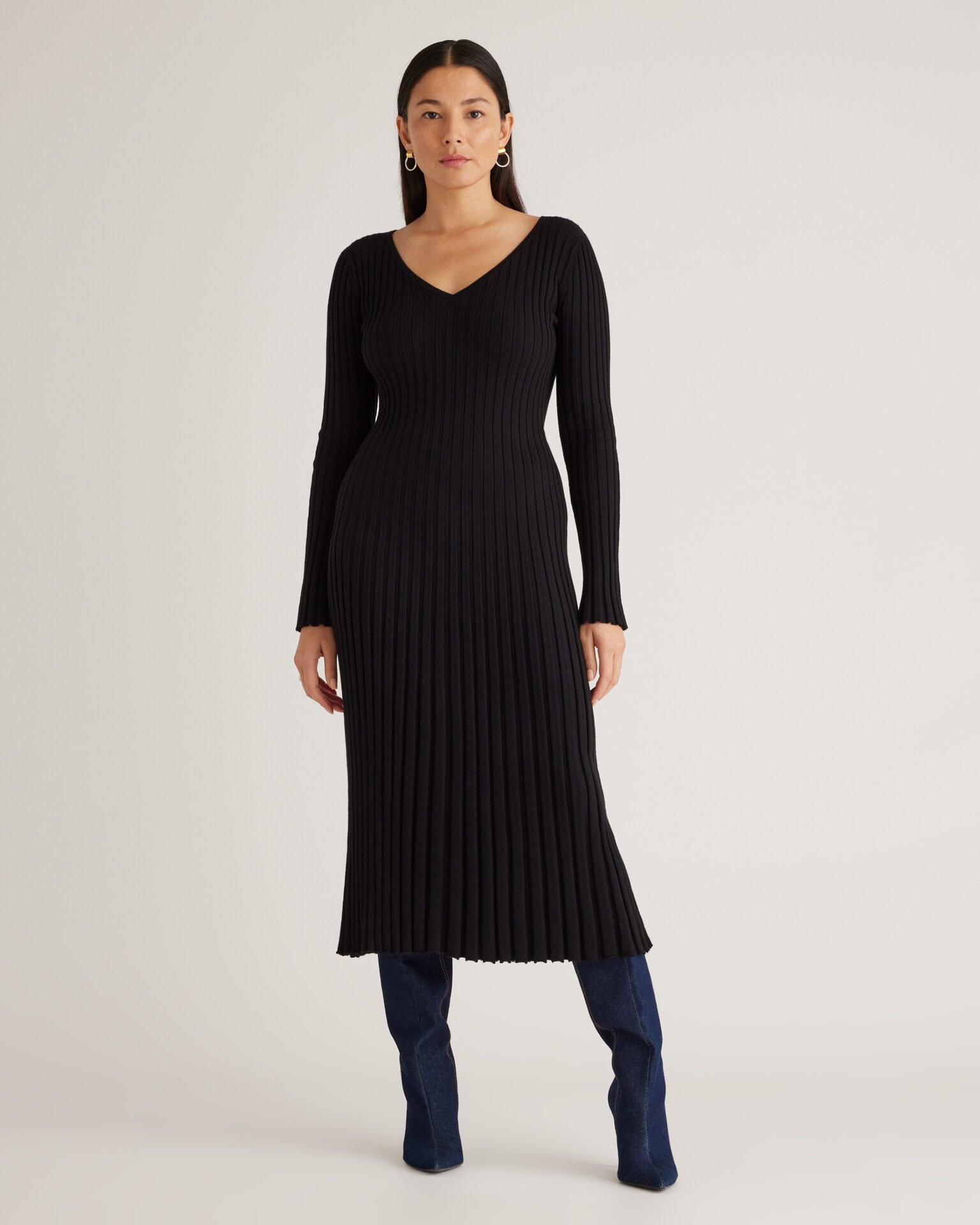 Cotton Cashmere Ribbed Long Sleeve V-Neck Midi Dress (Black)
