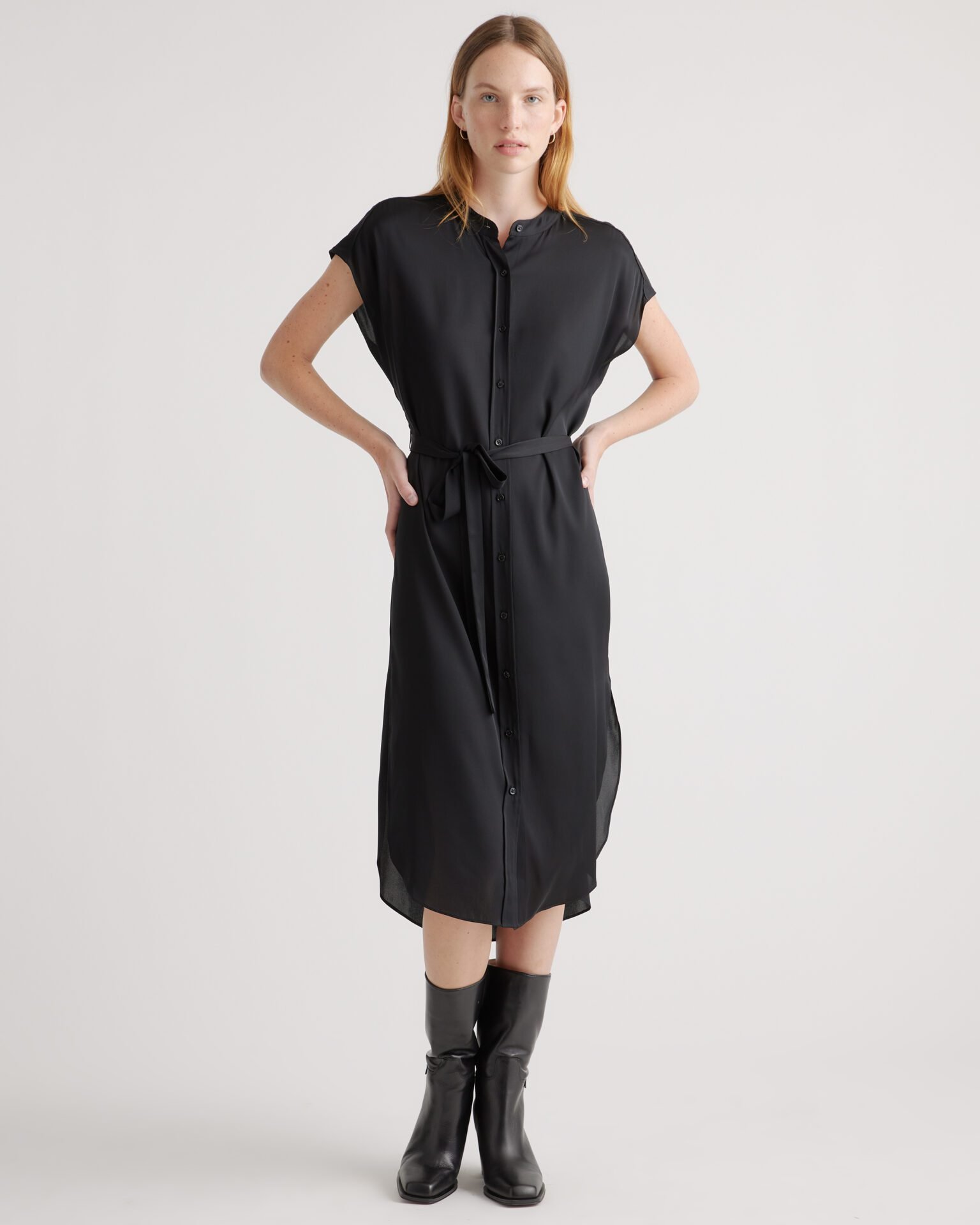 Washable Stretch Silk Midi Shirt Dress (Black)