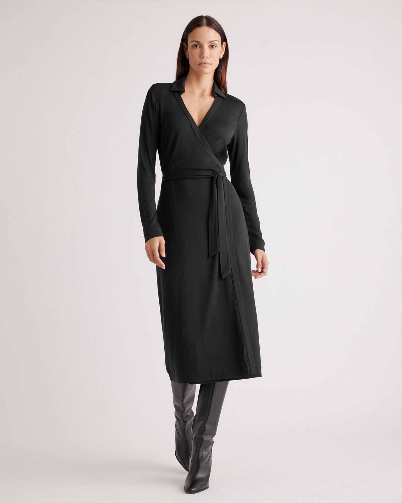 100% Silk Jersey Midi Wrap Dress (Black)