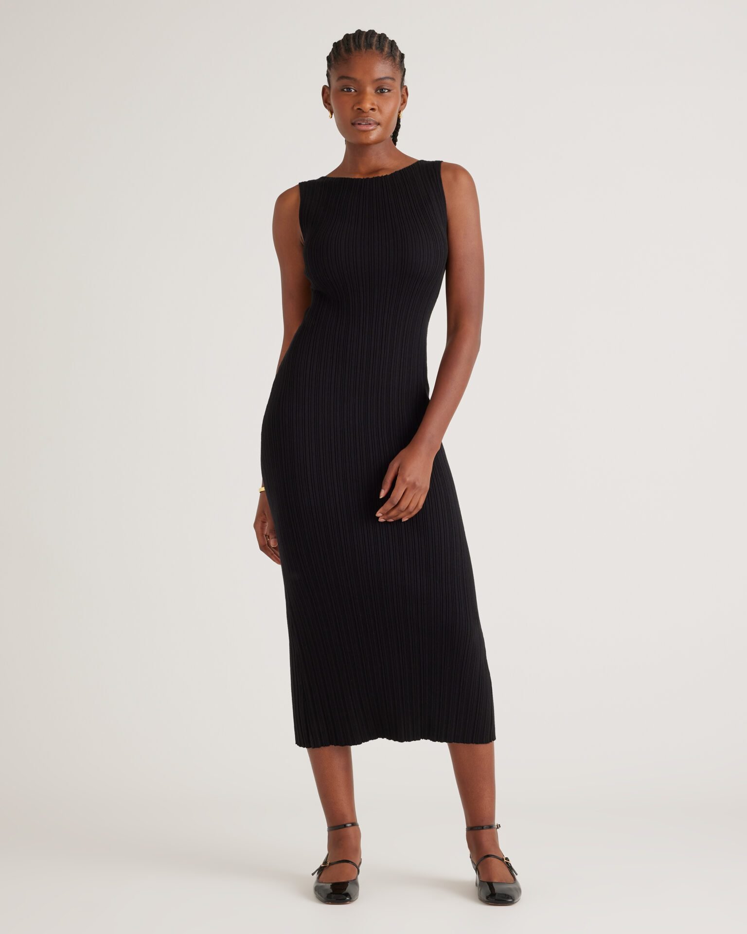 Cotton Cashmere Ribbed Sleeveless Midi Dress (Black)