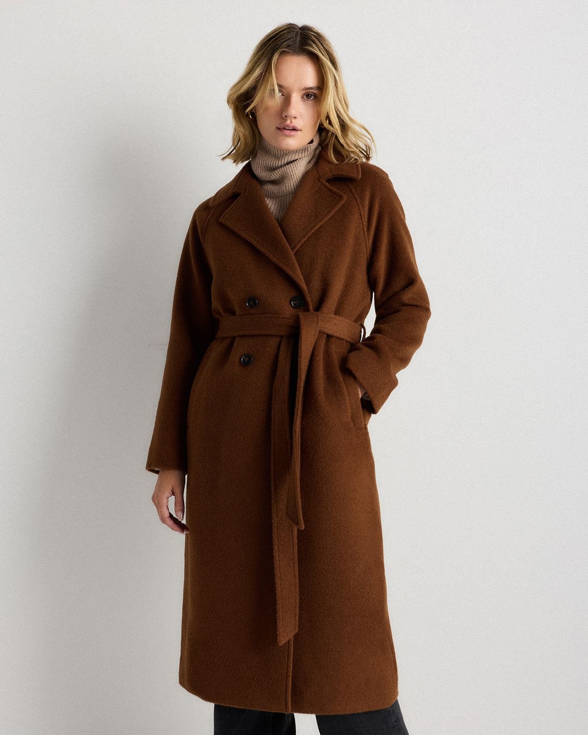 Camel Hair Double-Breasted Long Wrap Coat (Vicuna)