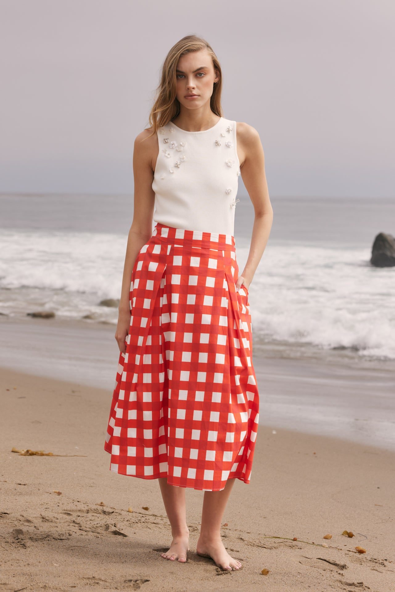 A-Line Plaid Midi Skirt (Red / Oversized Gingham)